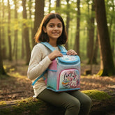 Tiny Tokens pink and blue unicorn tiffin bag for kids with adjustable straps and transparent front panel.