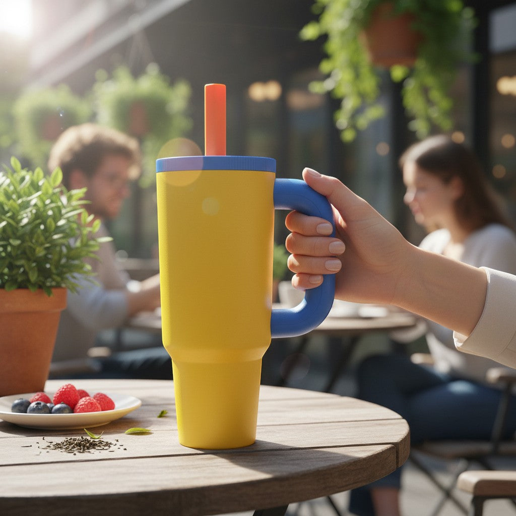 Tiny Tokens large yellow steel tumbler with blue handle, orange straw, and screw-on lid. Ideal for school and sports.
