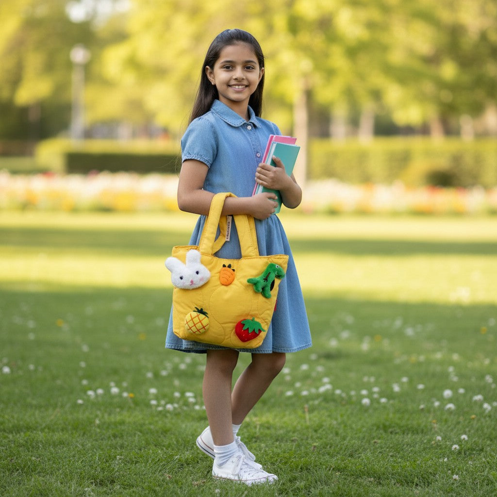 Tiny Tokens yellow quilted puffy tote bag for kids with 3D bunny, dinosaur, strawberry, pineapple, and carrot appliqués.