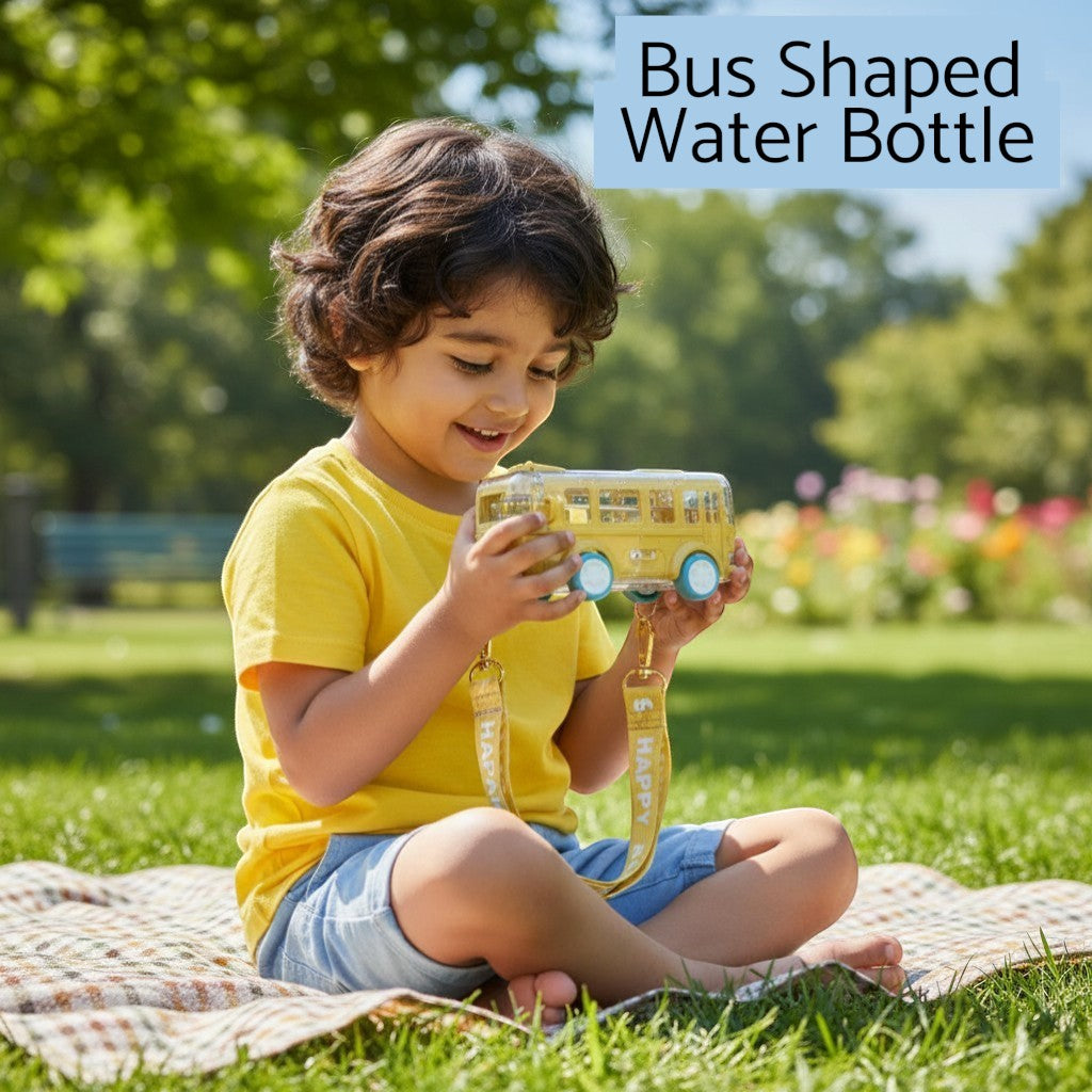 Tiny Tokens yellow school bus water bottle with rolling wheels and straw lid, BPA-free plastic.