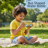 Tiny Tokens yellow school bus water bottle with rolling wheels and straw lid, BPA-free plastic.