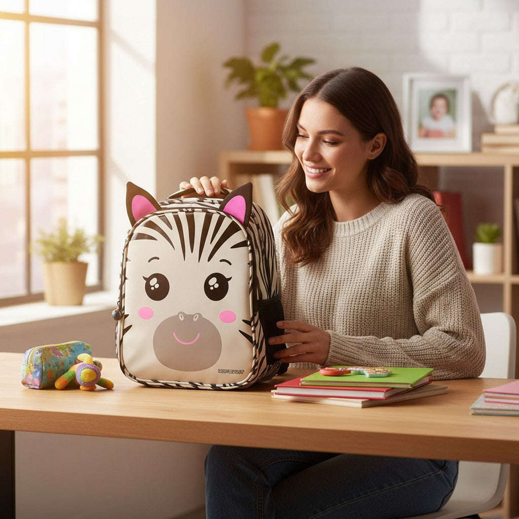 Tiny Tokens 3D zebra face school bag for girls 4-10 years, with pink ears and rainbow zipper charm. Polyester.