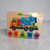Tiny Tokens cement mixer truck wooden puzzle board with numbered pieces and shape sorter. Includes erasable marker.