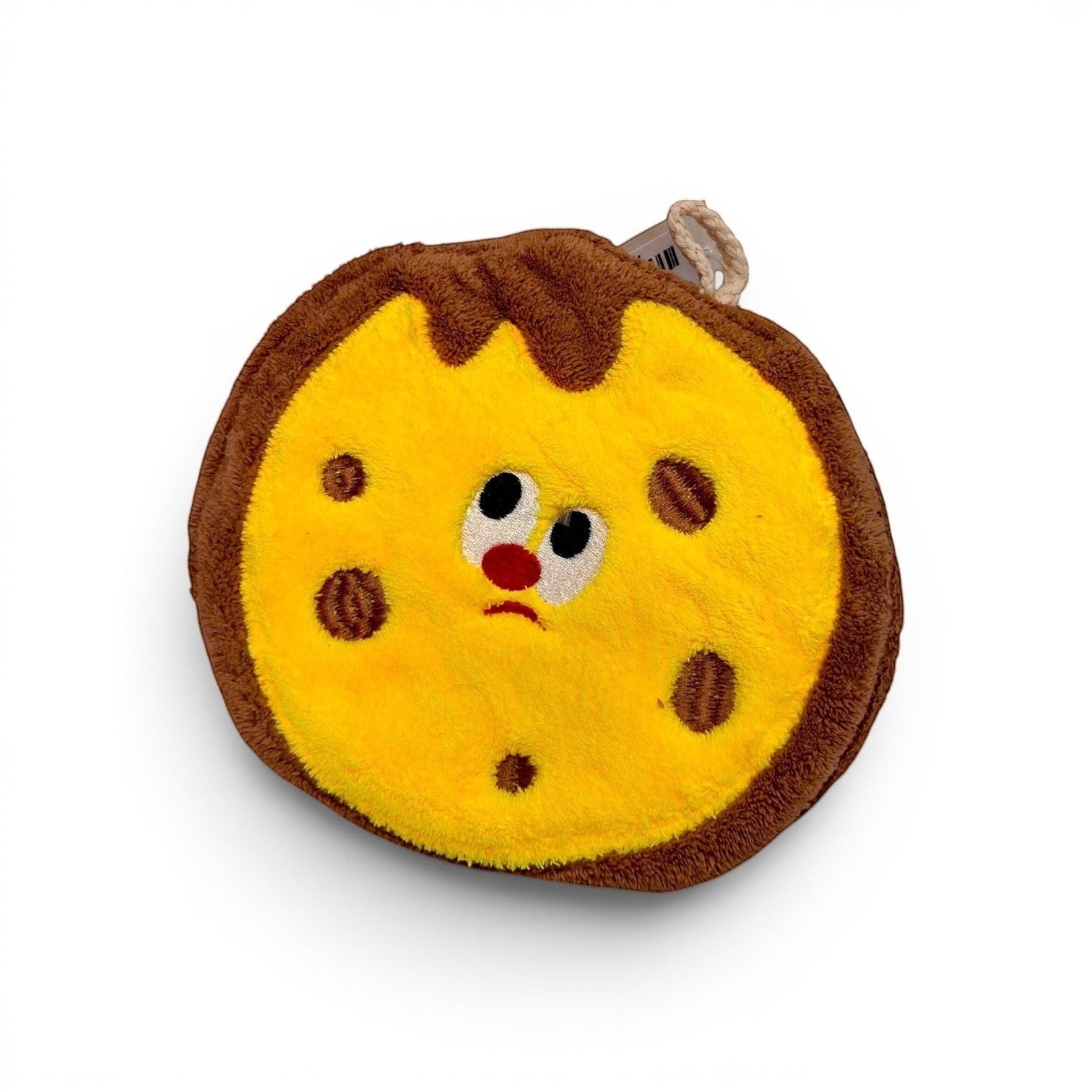Tiny Tokens chocolate cookie plush hand towel with embroidered face and hanging loop. Soft terry cloth for kids.