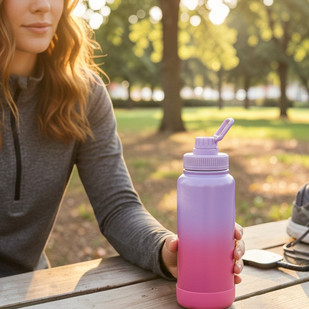 Tiny Tokens kids ombre steel water bottle, purple to pink gradient, spout lid, carry loop, silicone base.