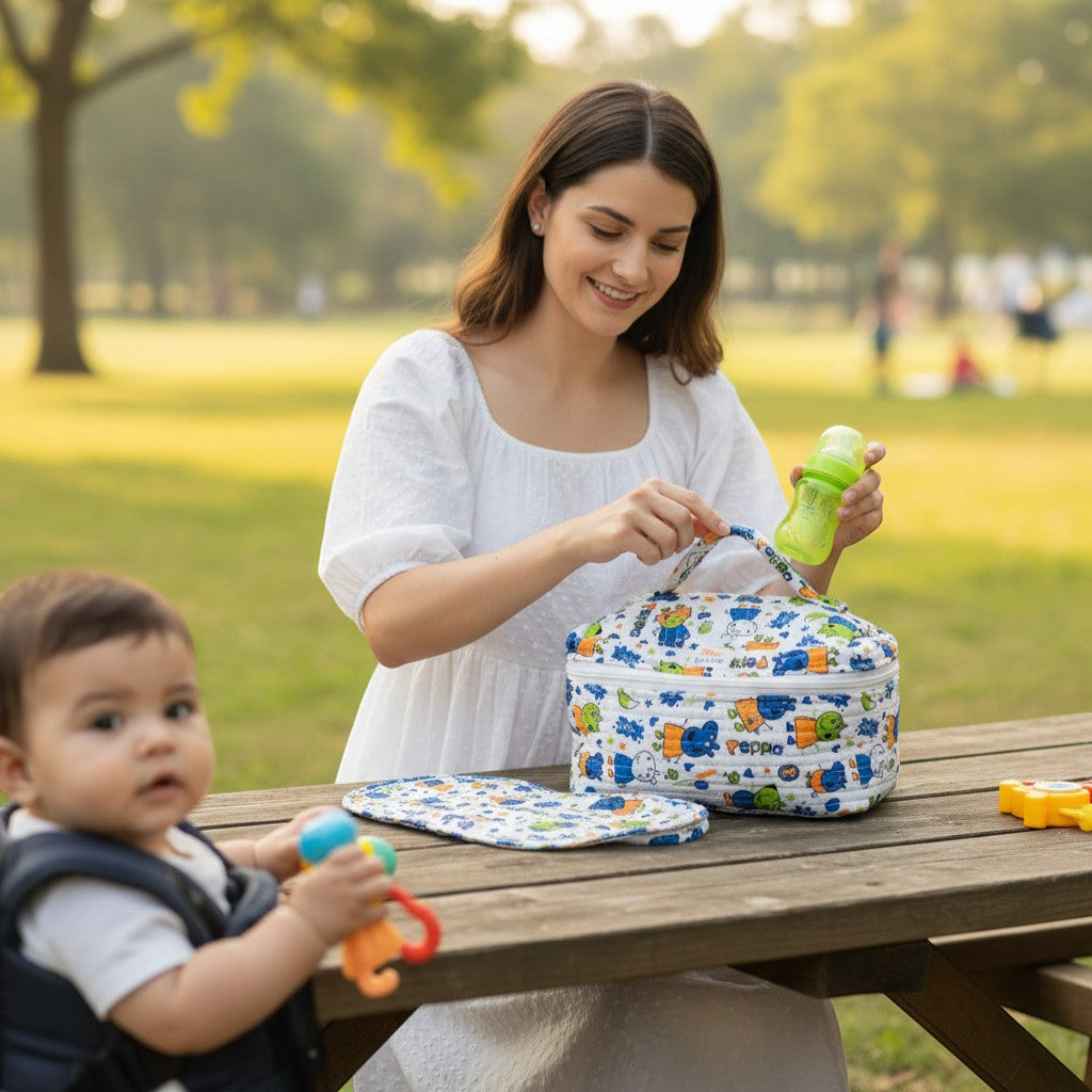 Tiny Tokens quilted cotton organiser bag with a fun monster print in blue, green, and orange. Ideal for school or travel.