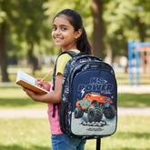 Tiny Tokens navy blue polyester backpack for boys featuring a large orange monster truck graphic with blue flames and "HS Power" text.