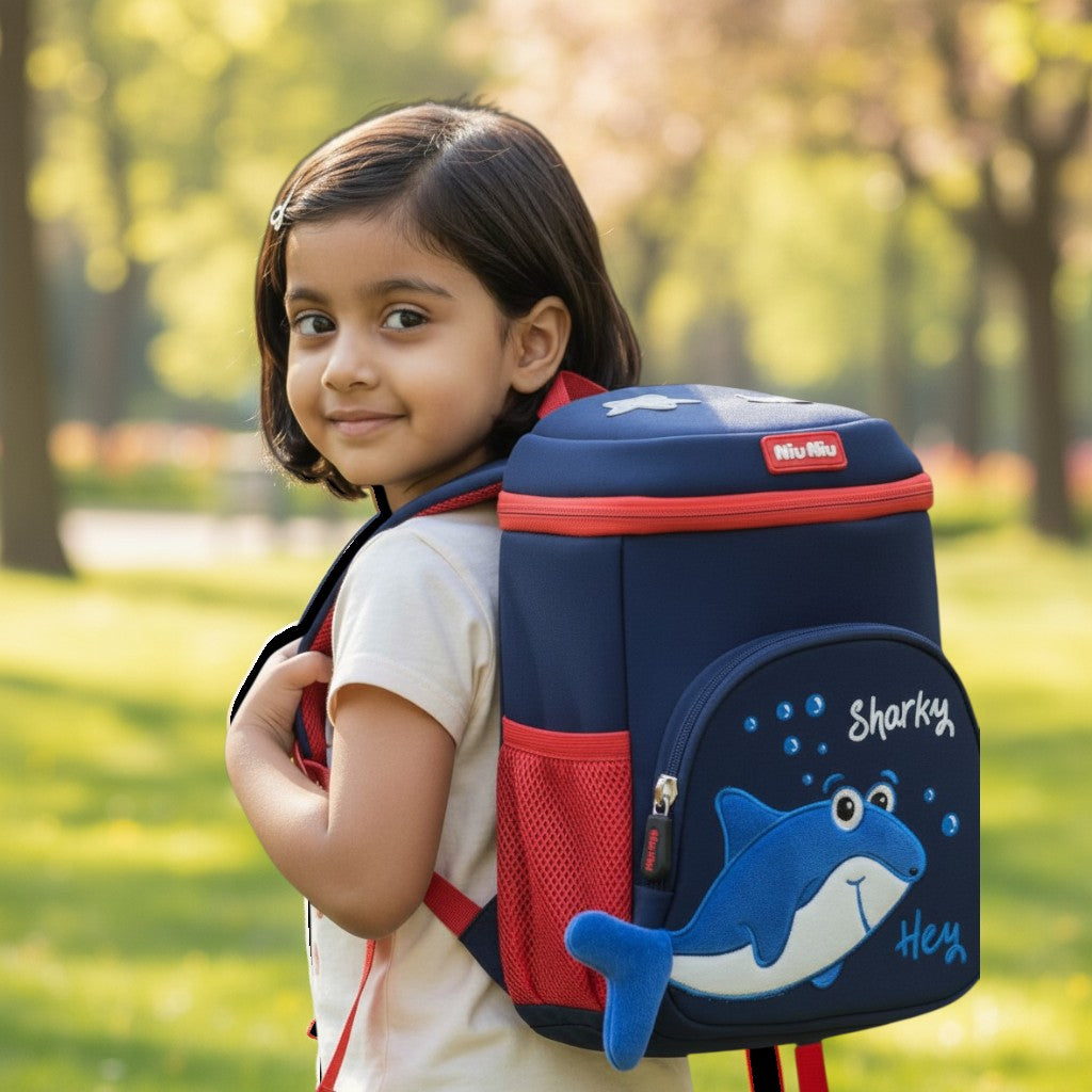Tiny Tokens navy blue neoprene toddler backpack with a 3D plush shark design and