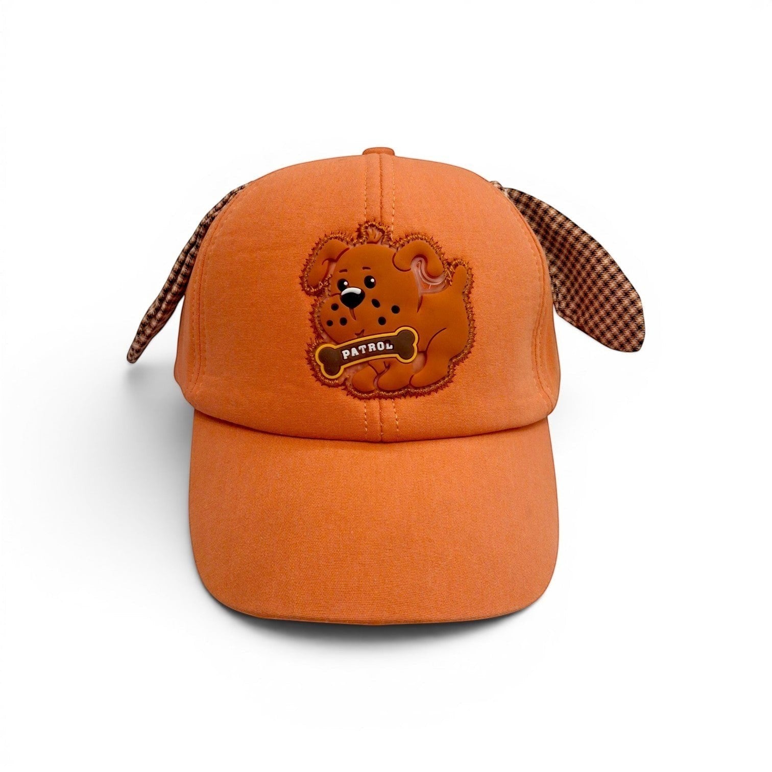 Tiny Tokens orange cotton baseball cap for kids with 3D dog face and floppy checkered ears, featuring a rubber 'Patrol' badge.