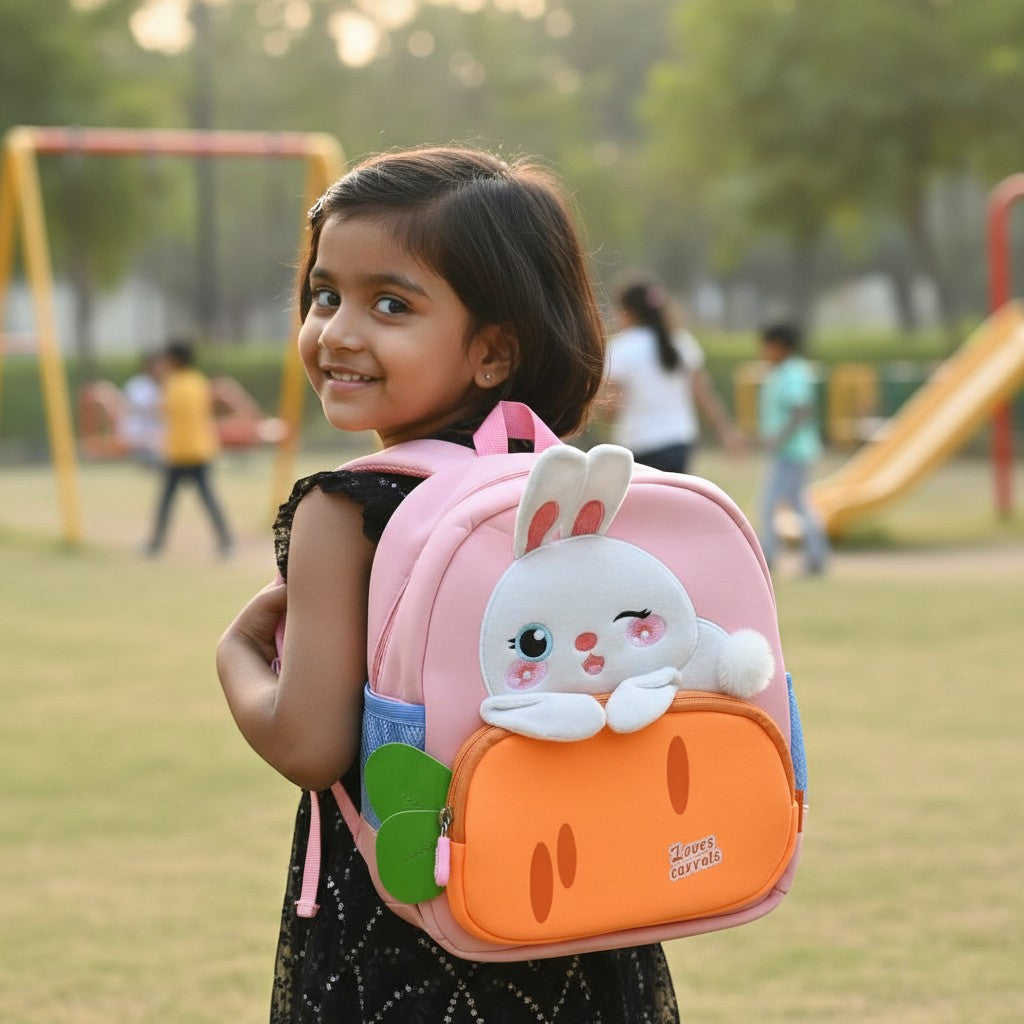 Tiny Tokens pink neoprene toddler backpack with 3D plush bunny and carrot pocket. Features adjustable straps and mesh side pockets.