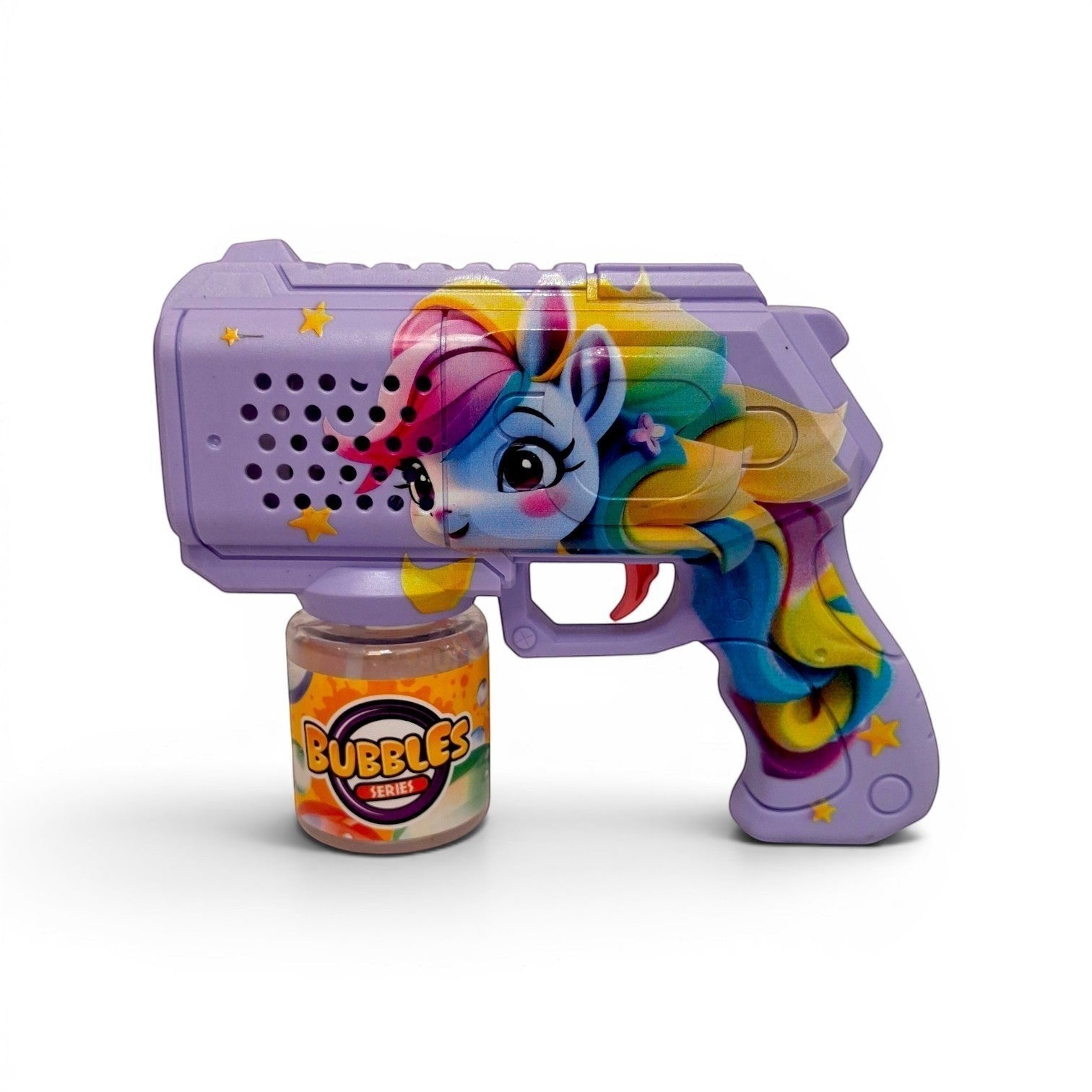 Tiny Tokens purple automatic bubble gun with cartoon unicorn design, includes bubble solution bottle.