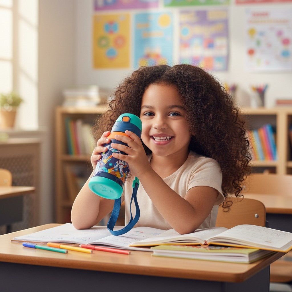 Tiny Tokens space astronaut insulated steel bottle with teal straw lid and navy strap. Features planets, rockets, and an astronaut graphic.