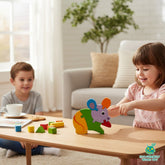 Tiny Tokens mouse jigsaw puzzle for toddlers, chunky wooden pieces in purple, green, orange, and yellow.