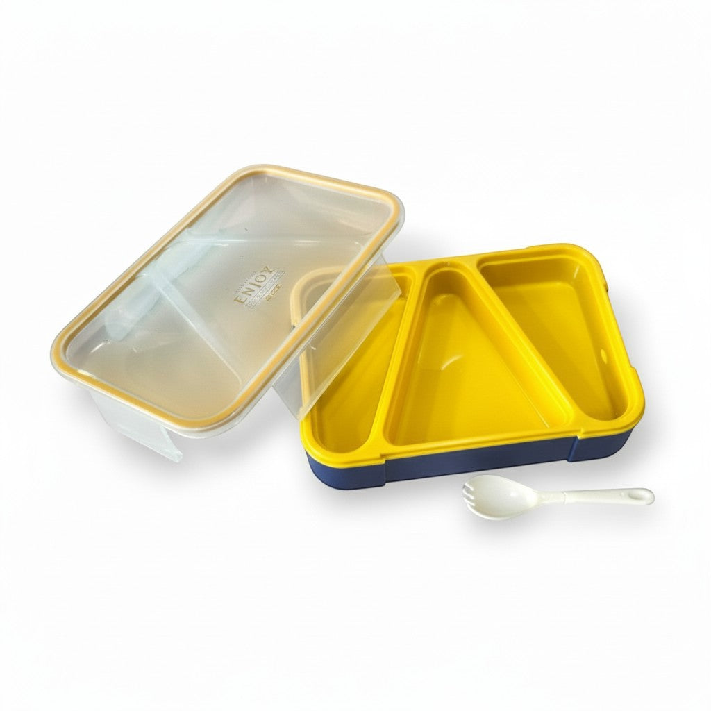 Tiny Tokens yellow and navy 3-compartment bento lunch box with transparent lid and spork. Ideal for school lunches.