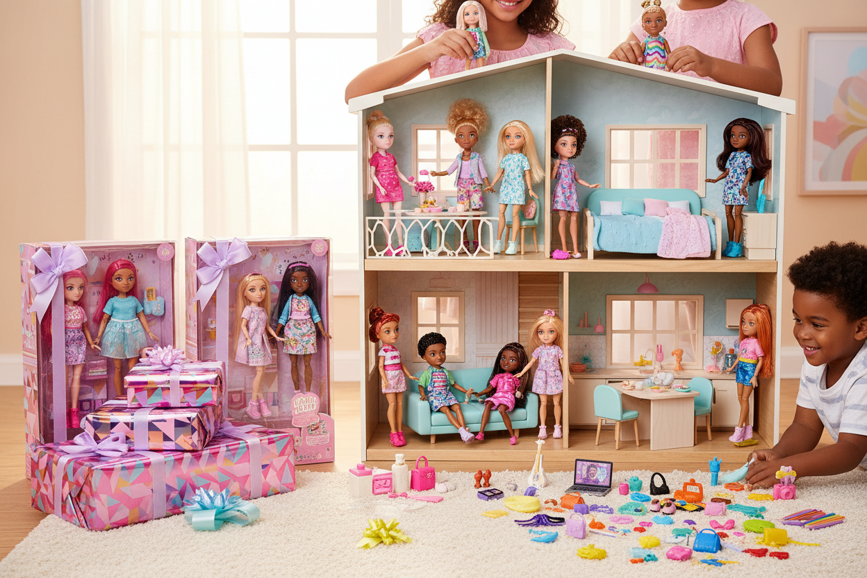 colorful dolls collection, modern doll house interior, kids playing with dolls, birthday gift dolls setup, creative play doll sets, stylish doll house flat lay, imaginative roleplay toys