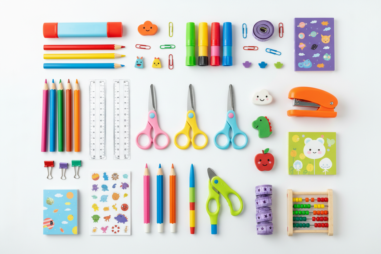 kids scissors, kids staplers, kids measure tapes, safe school scissors, ergonomic craft scissors, colorful kids stapler, classroom measuring tape, fun school supplies for kids, durable kids stationery tools