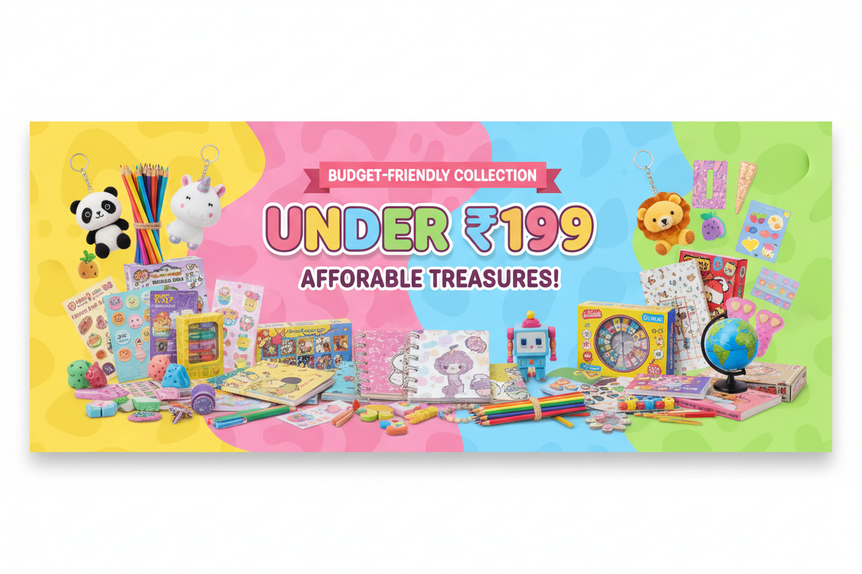 toys under 199, gifts under 199 India, budget kids gifts, return gifts under 200, affordable stationery for kids, small party favors for children, budget school supplies, cute kids accessories, low price kids toys collection