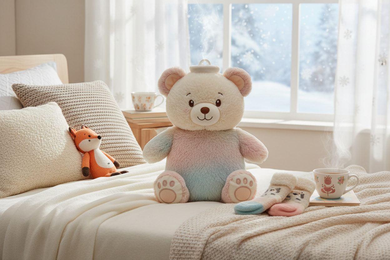 kids hot water bag with soft cover, cute hot water bottle for children, cartoon hot water bag for kids, winter warmth kids comfort product, leak proof kids hot water bag, plush covered heat therapy bag, cozy bedtime kids winter essential