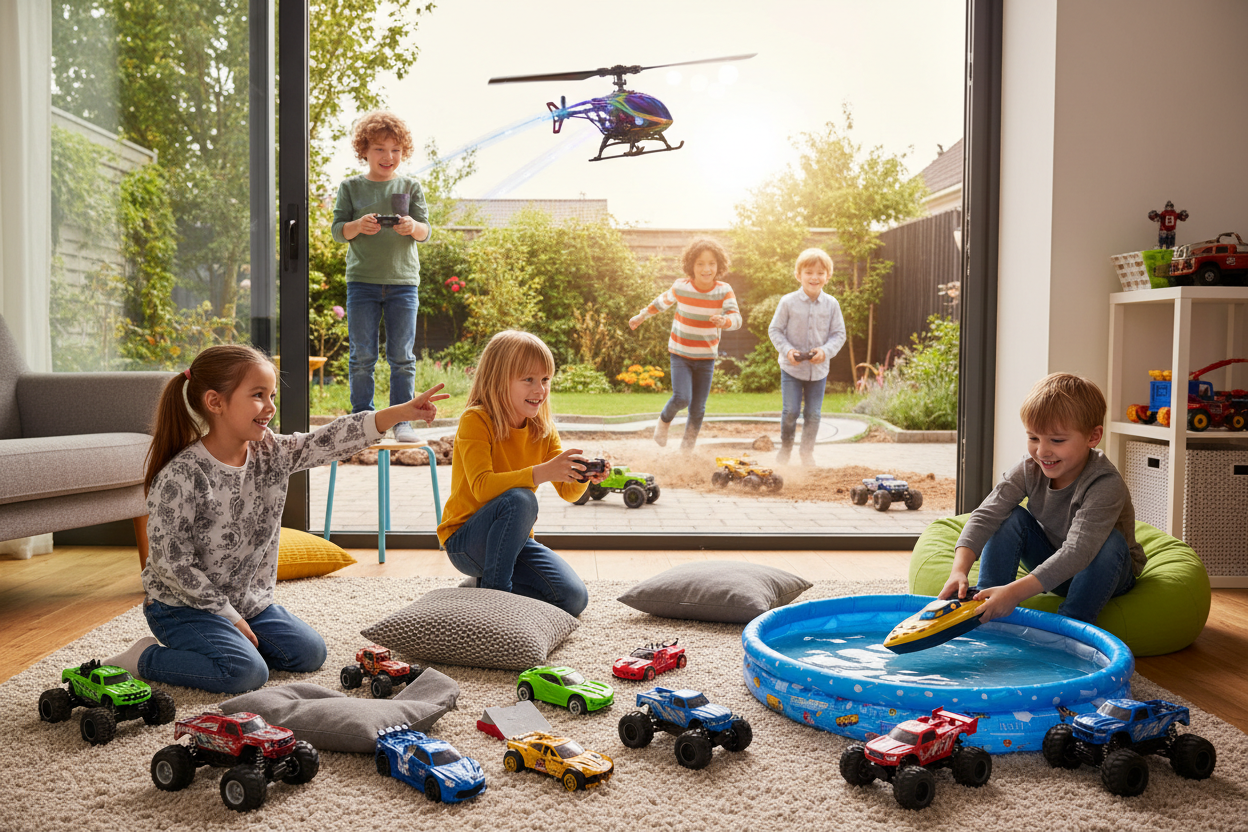kids playing with remote control cars, colorful rc helicopters and boats, children enjoying remote control toys, indoor outdoor rc toys, interactive kids toys photography, fun kids toy setup