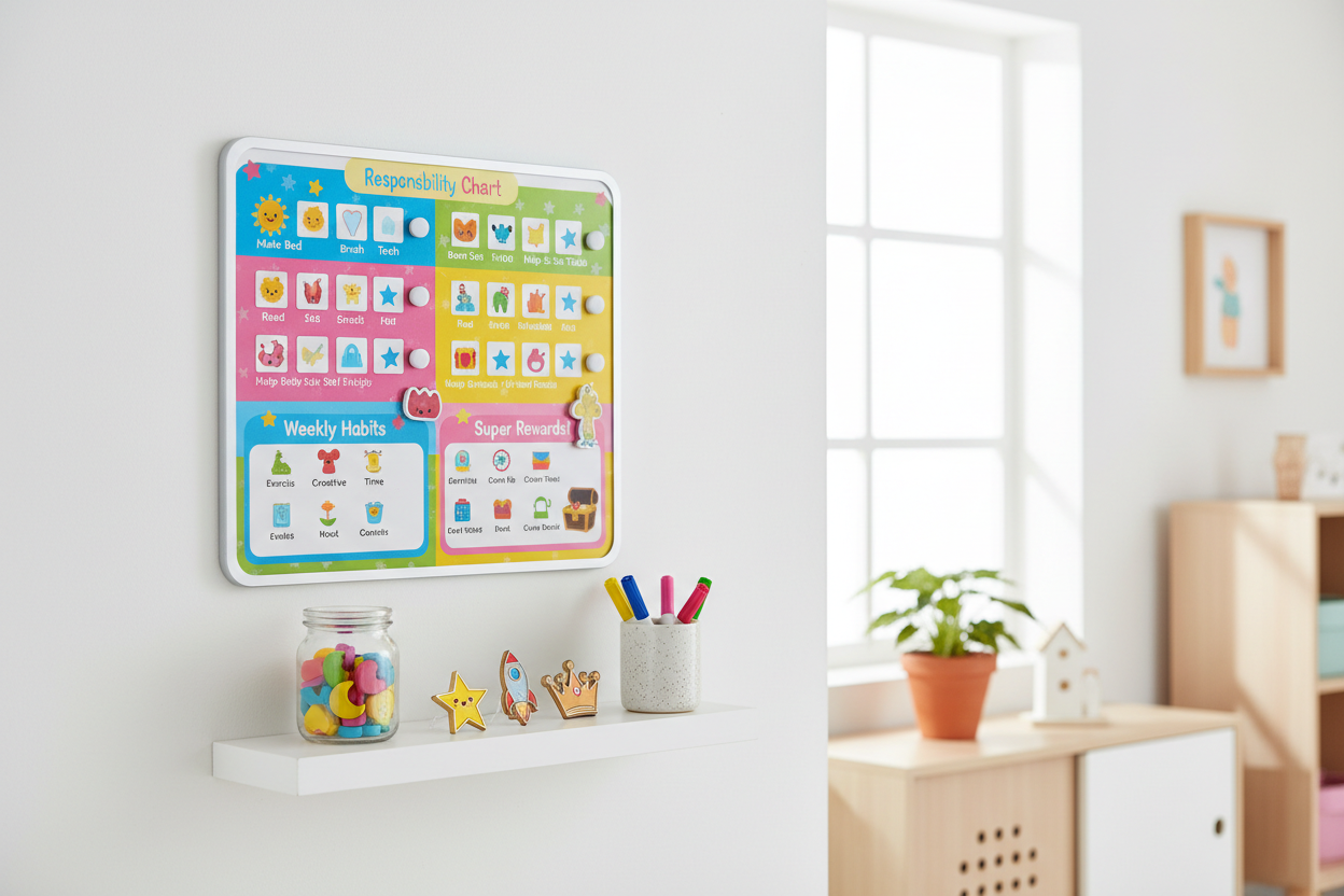 kids responsibility chart product photography, personalised kids routine tracker, colorful children learning chart setup, parenting organisation tools, homeschool habit tracker display, educational kids wall chart aesthetic, kids reward 