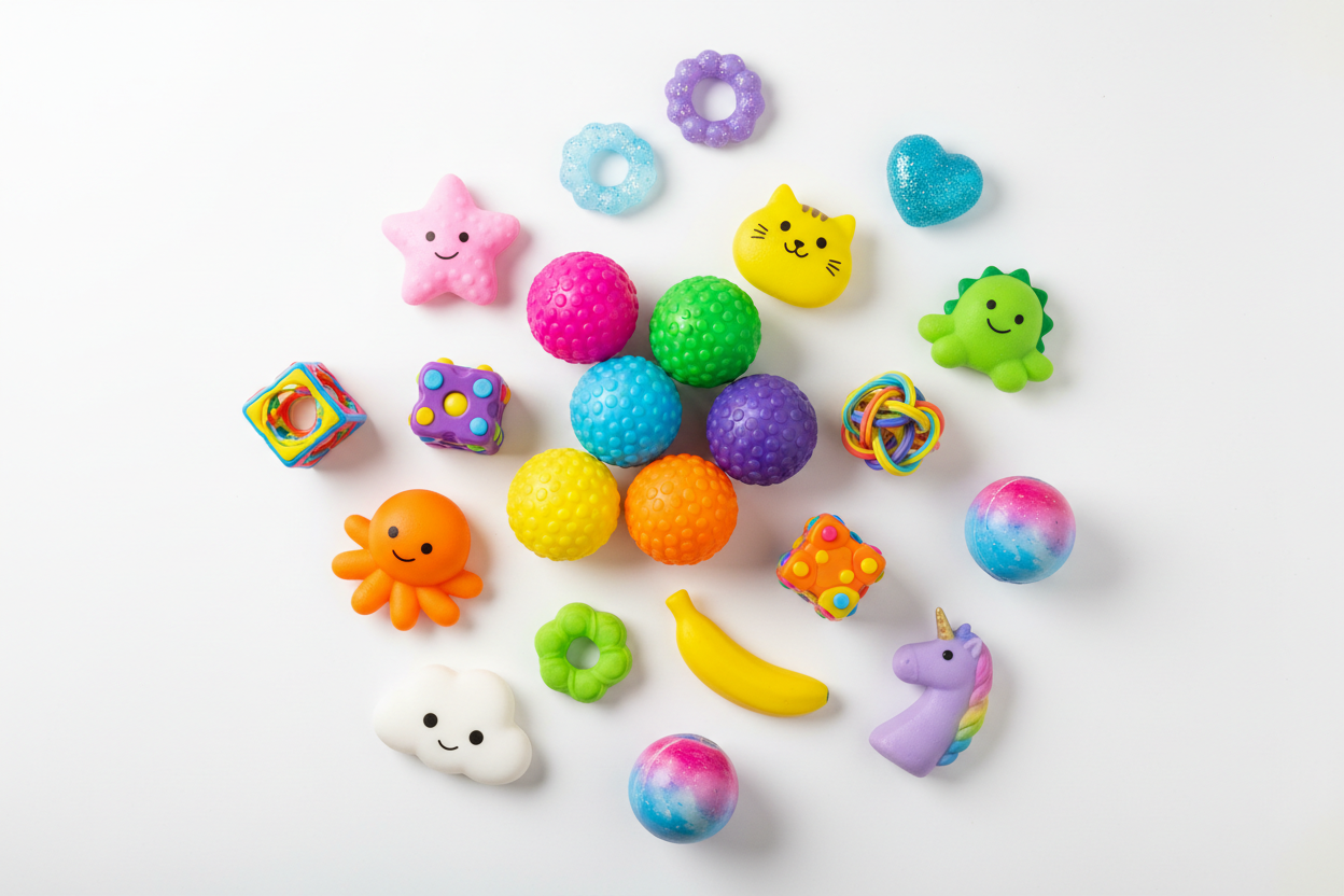kids squishy toys, colorful fidget toys, sensory balls collection, playful kids toys flat lay, stress relief squishy toys, fun tactile toys for children, vibrant fidgets assortment, giftable kids toys arrangement