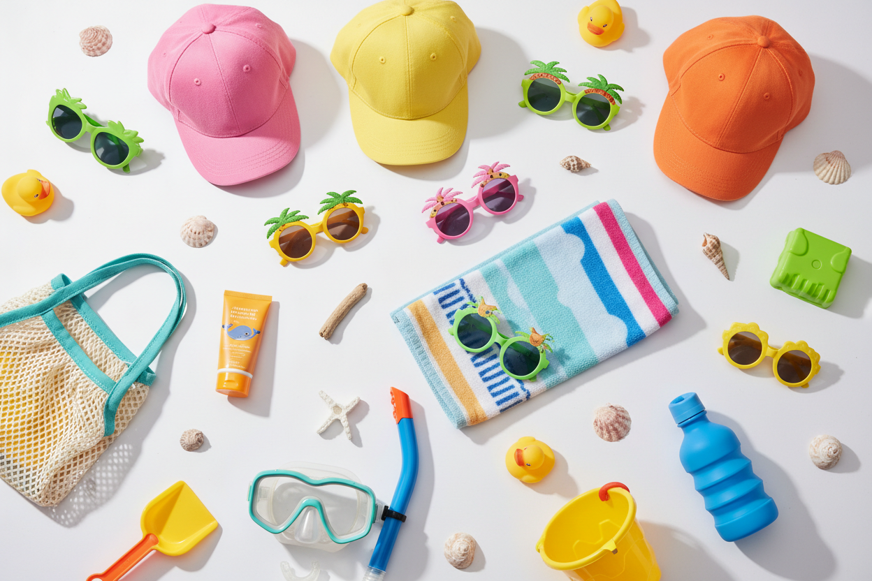 kids summer hats and caps, trendy kids sunglasses, portable hand fans for kids, summer accessories for children, breathable kids caps, vacation accessories kids, sun protection accessories kids, imported kids summer essentials, outdoor kids fashion 