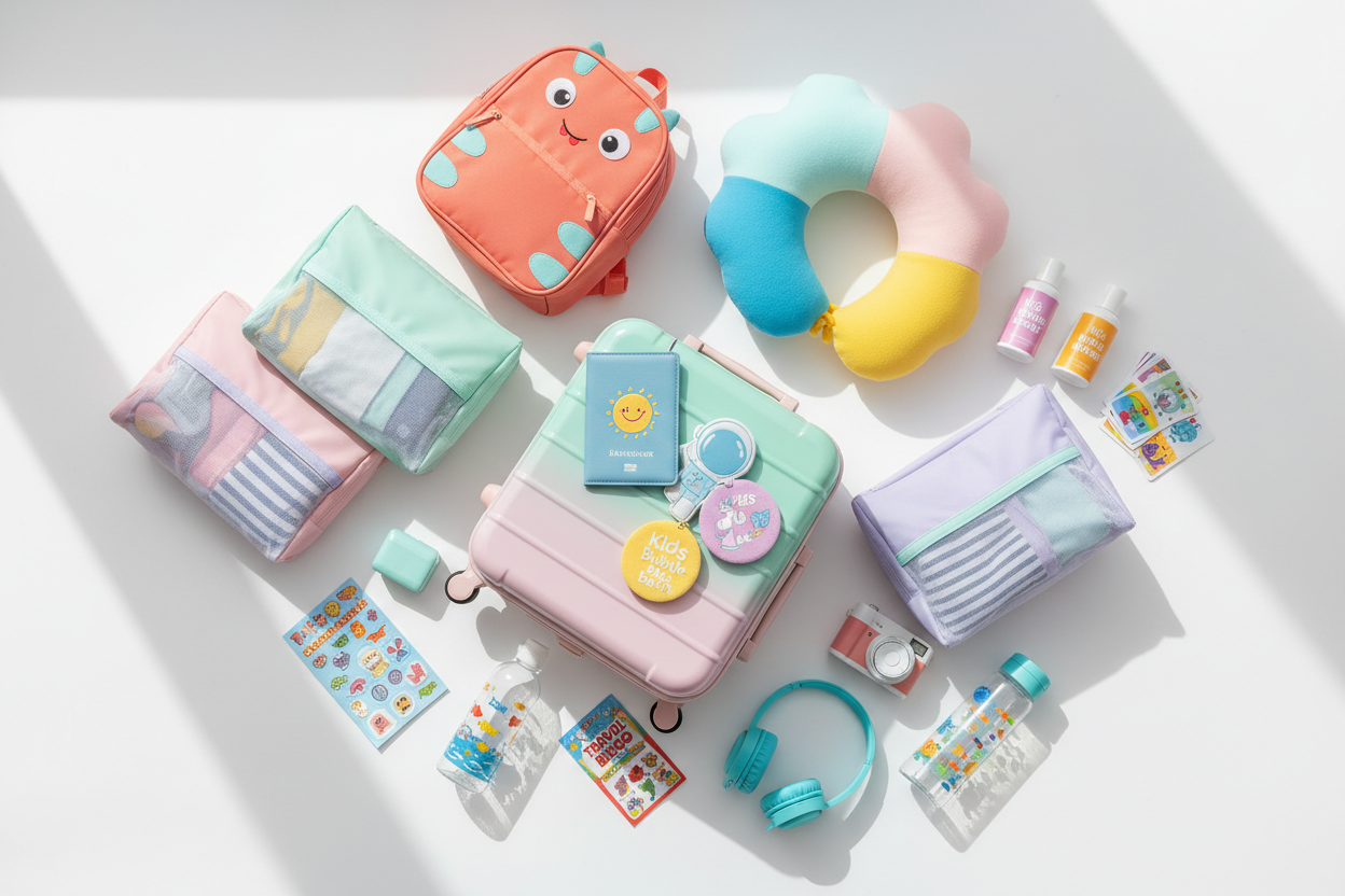 kids travel accessories collection, luggage tags and passport covers kids, travel essentials for children, cute travel organisers, neck pillows for kids travel, imported travel accessories collection, family travel essentials display