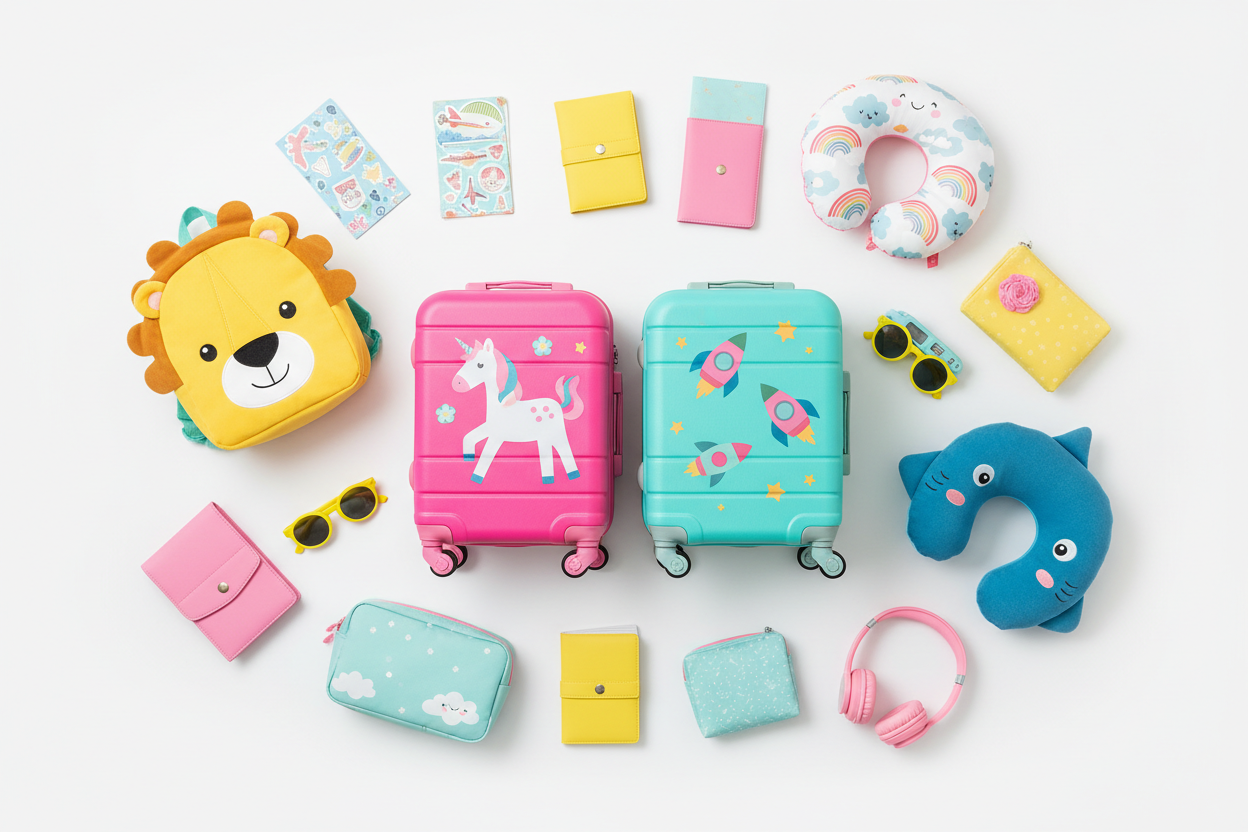 kids travel bags and accessories collection, trolley and duffle bags for kids, travel essentials for children, cute kids luggage accessories, travel organisers and neck pillows kids, imported kids travel gear collection