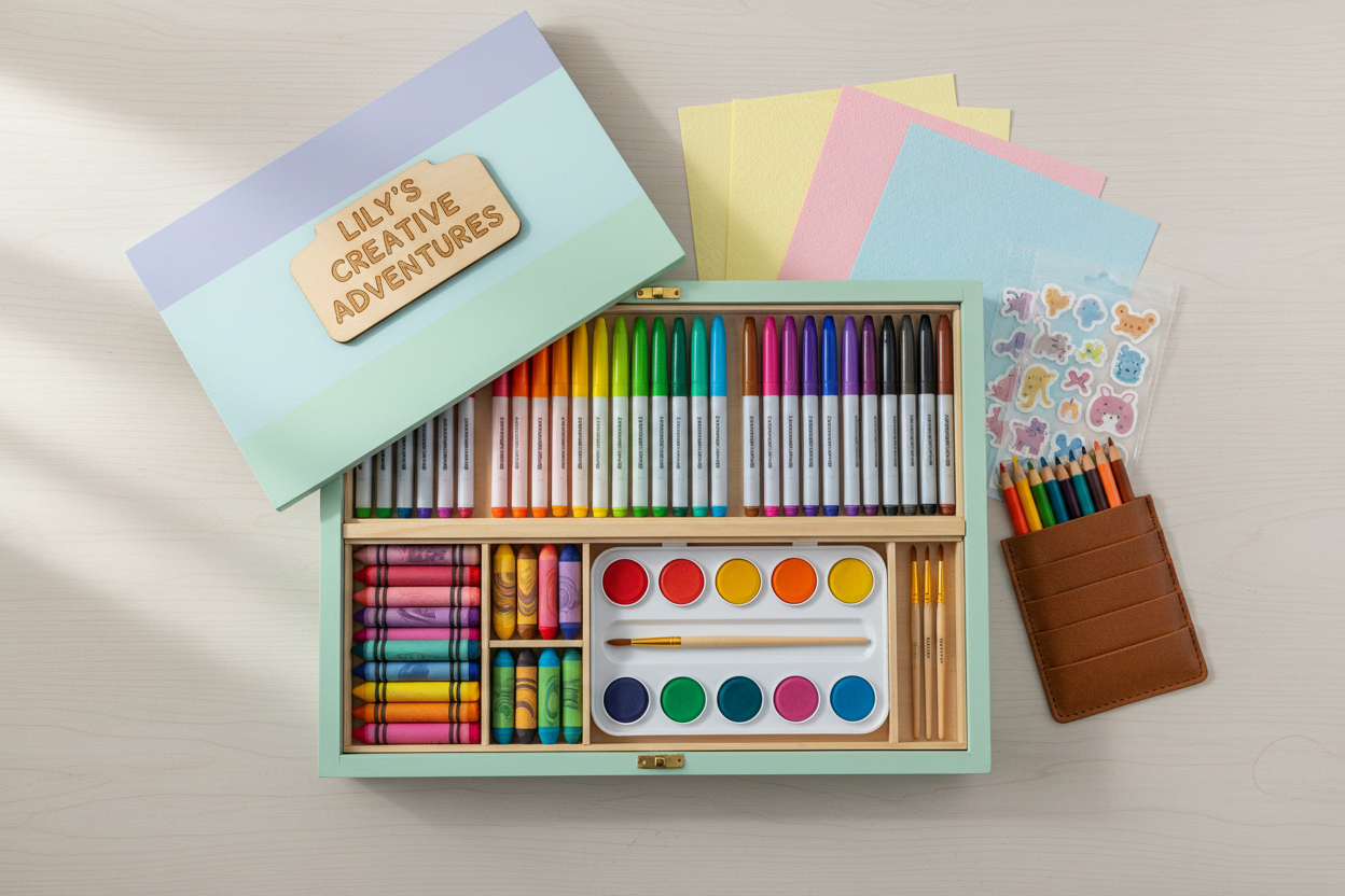 personalised art box for kids, custom art kit for children, kids creative art box, personalised DIY art set, kids drawing and craft kit, customised kids gift box, creative learning art kit, kids art supplies gift set