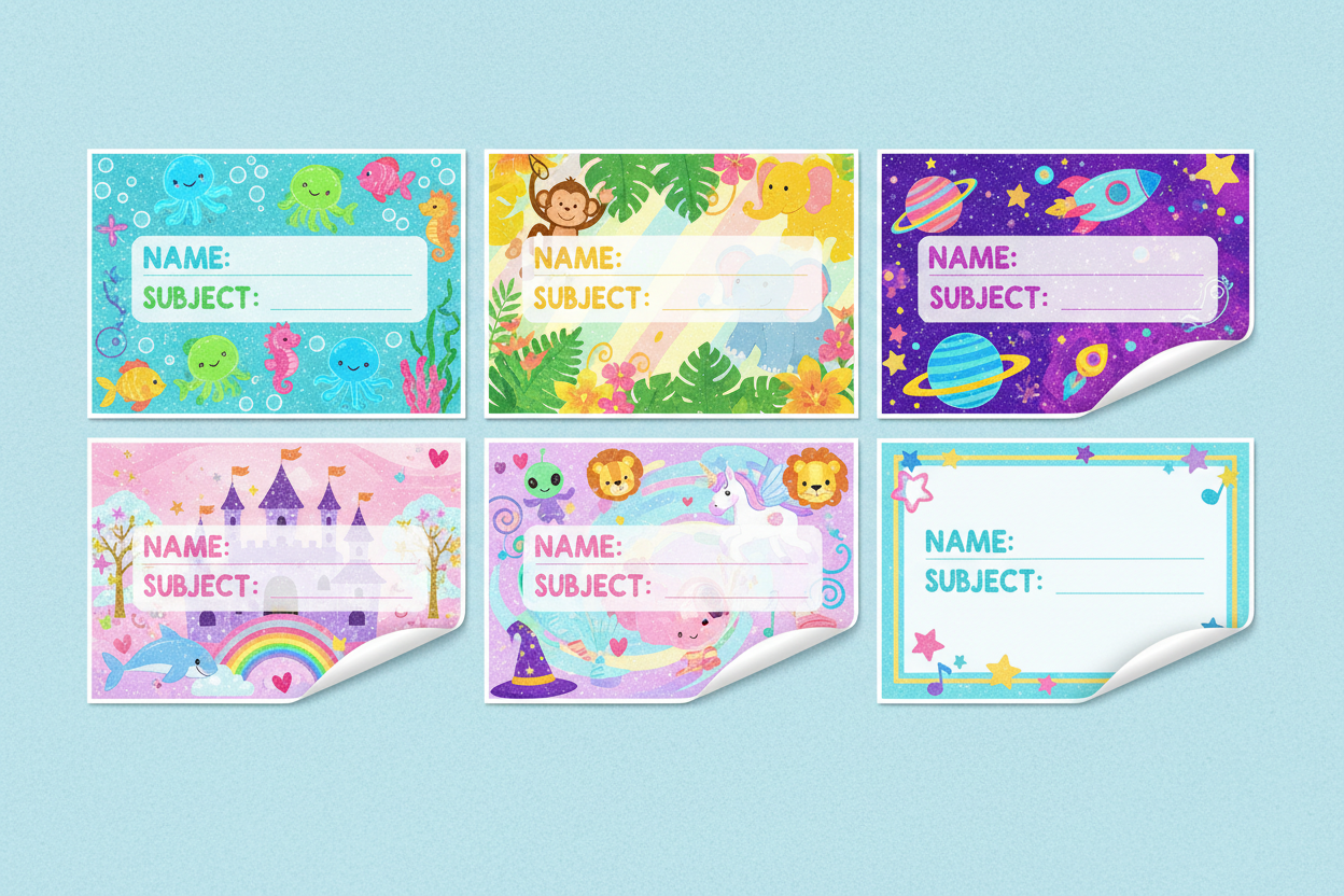 personalised notebook name labels for kids  custom school book stickers  colorful notebook labels collection  durable personalised stationery labels  back to school name stickers