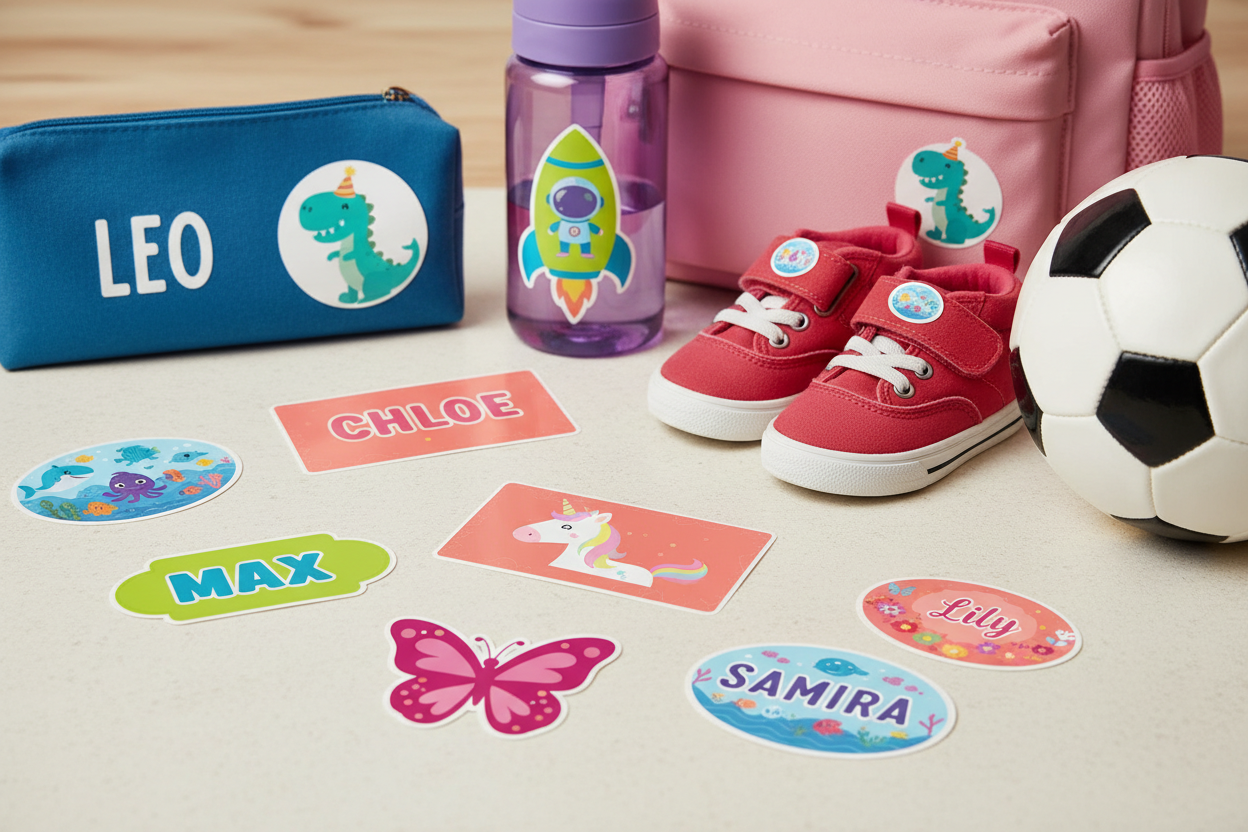 personalised waterproof labels for kids bottles  waterproof name stickers for lunch boxes  durable custom school labels  waterproof personalised stickers collection  washproof kids name labels