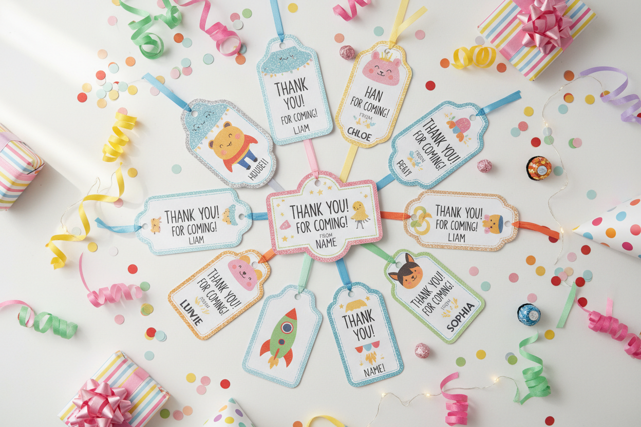 personalized thank you tags kids, custom return gift tags children, birthday thank you tags personalized, kids party favor tags, cute gift tag designs for kids, customized celebration tags, thank you labels for return gifts