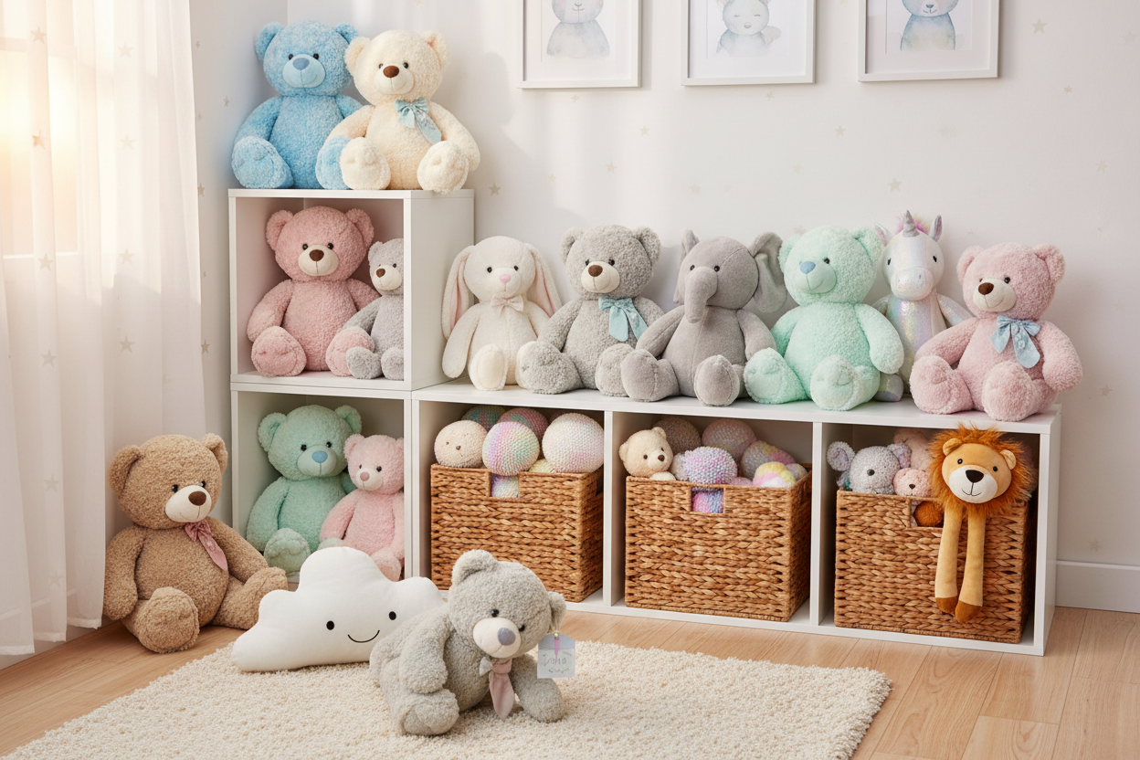 plush soft toys, colorful kids stuffed animals, huggable teddy bears, cute character plushies, nursery toy setup, kids playroom soft toys arrangement, gifting soft toy ideas