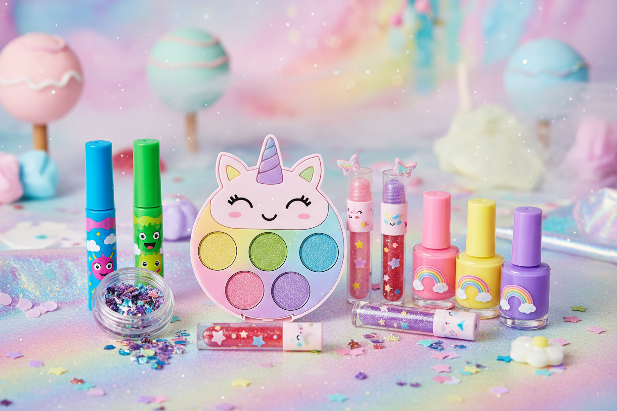 quirky makeup collection colorful beauty products  trendy teen makeup products  cute aesthetic makeup packaging  bold colorful makeup essentials  fun beauty gift collection