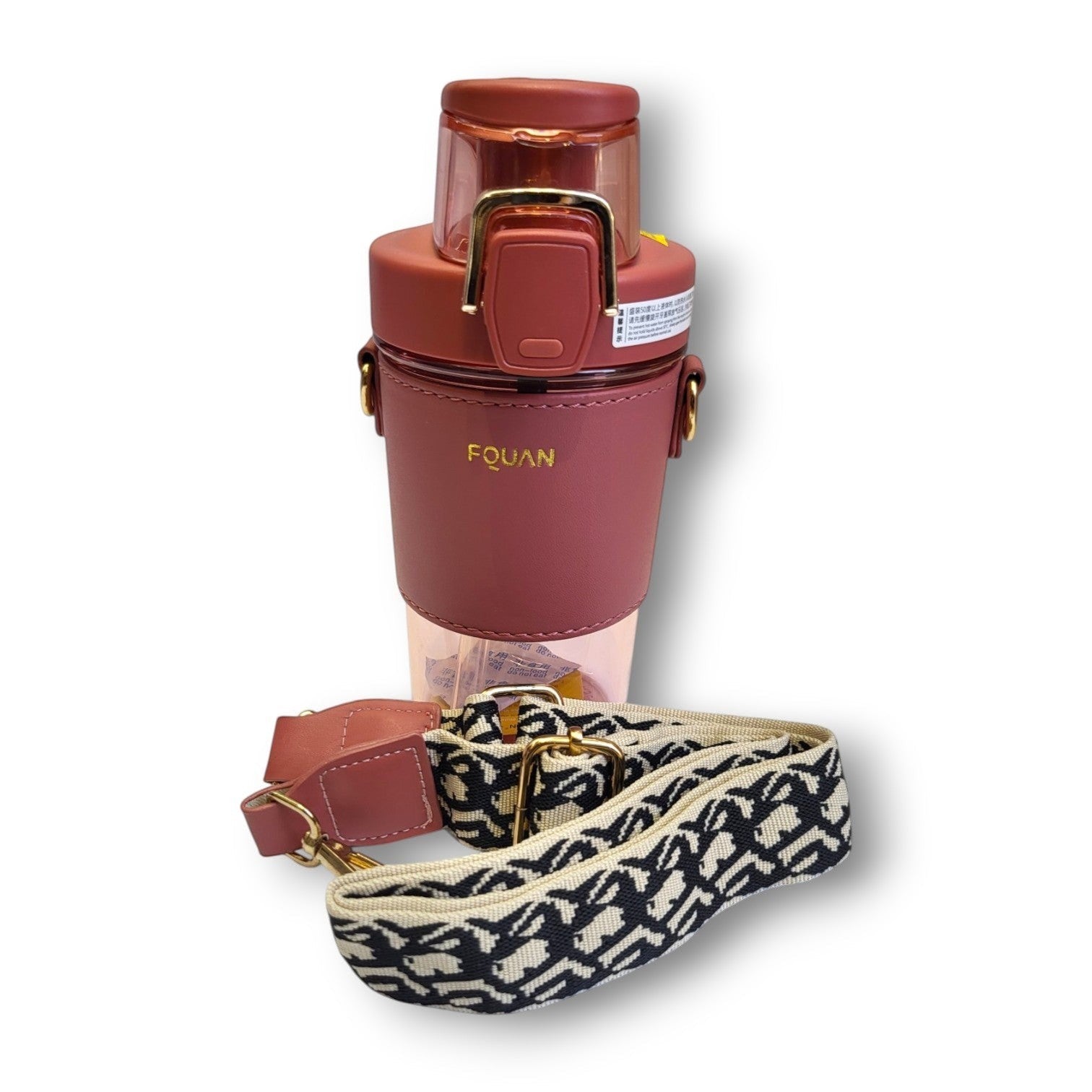 Large Capacity Glass Look Bottle | Leather Sleeve & Designer Strap