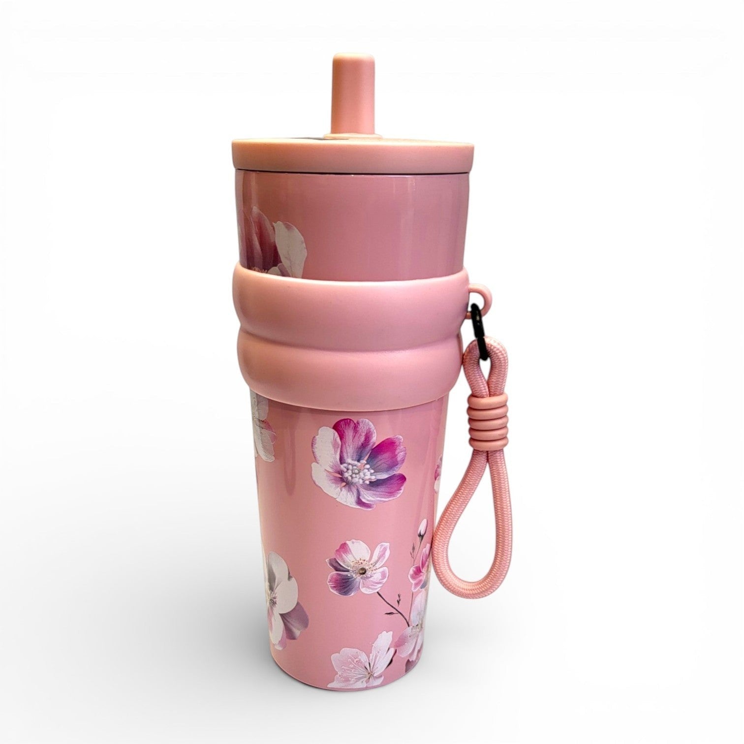 Floral Steel Sipper Bottle for Girls | 2-in-1 Straw Lid with Carabiner Loop