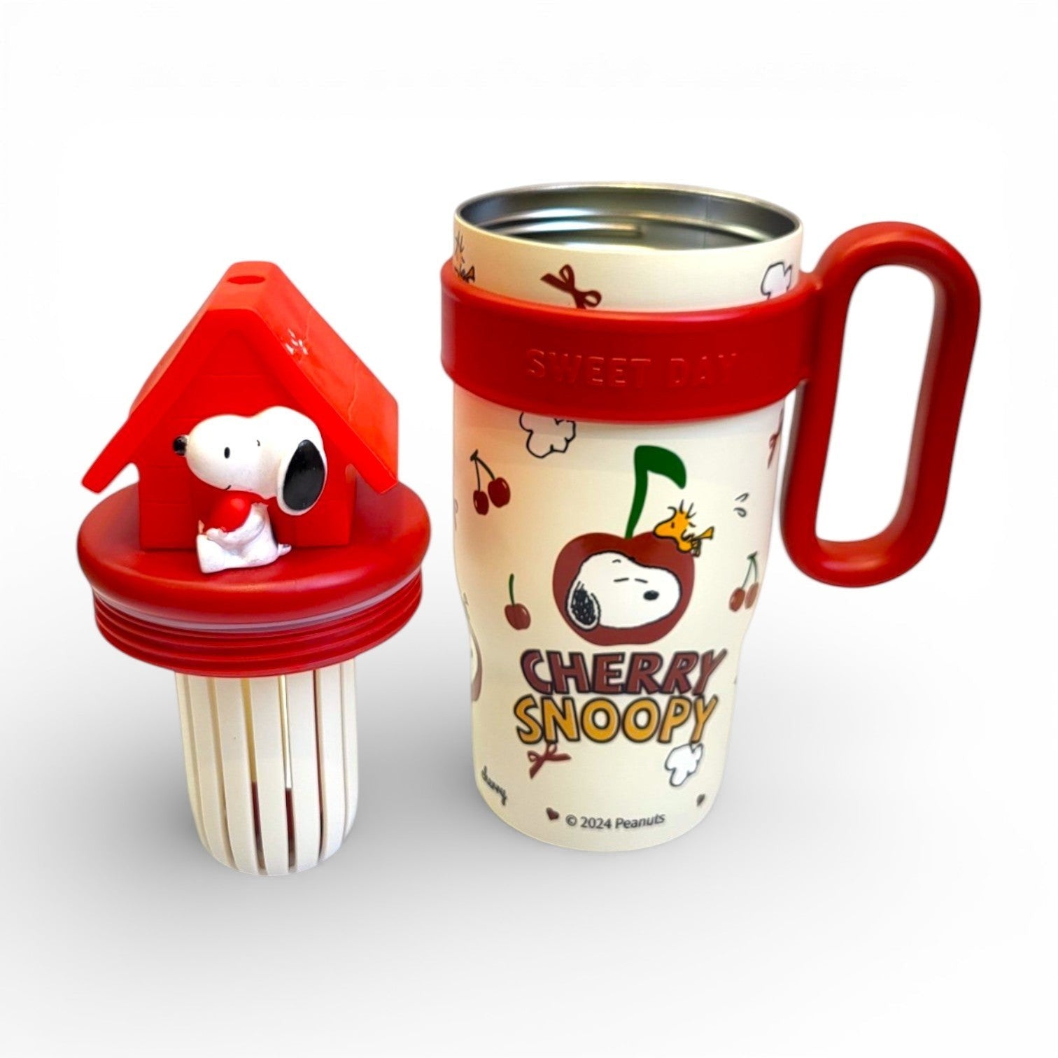 Cherry Snoopy Kids Steel Tumbler | 3D Doghouse Lid, Handle & Straw