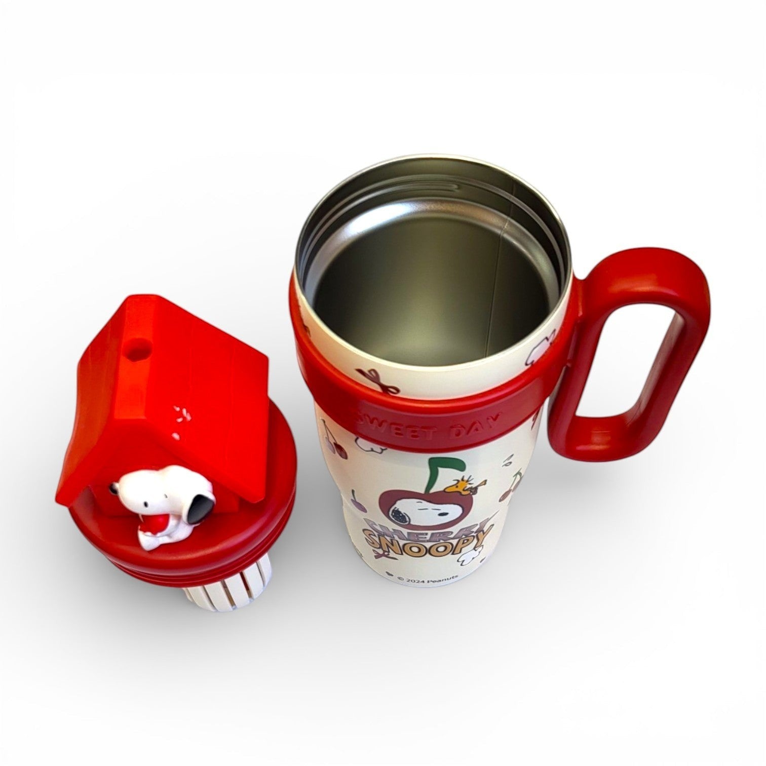 Cherry Snoopy Kids Steel Tumbler | 3D Doghouse Lid, Handle & Straw