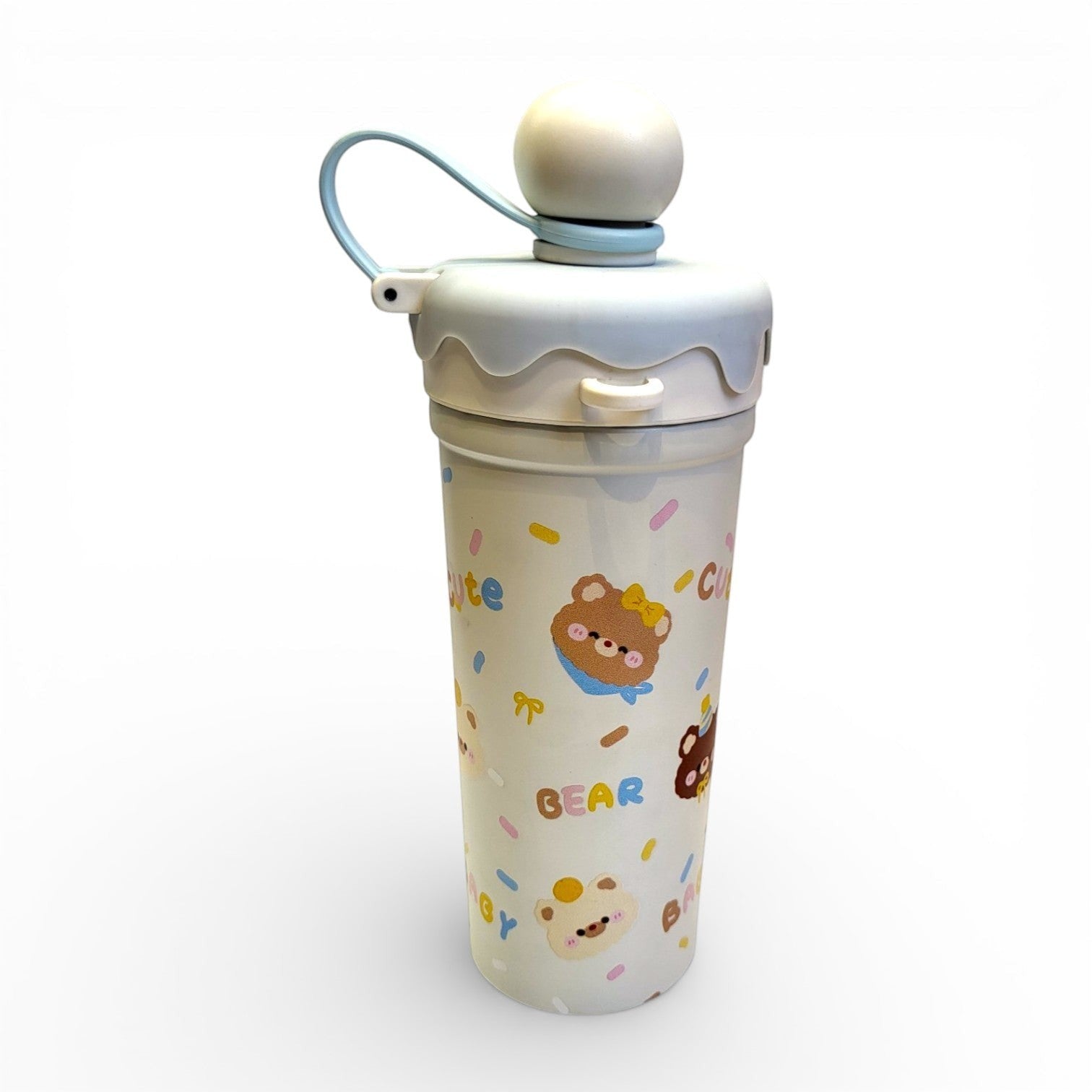 Cute Bear Baby Kids Steel Sipper | Ice Cream Lid, Straw & Carry Loop | School Bottle