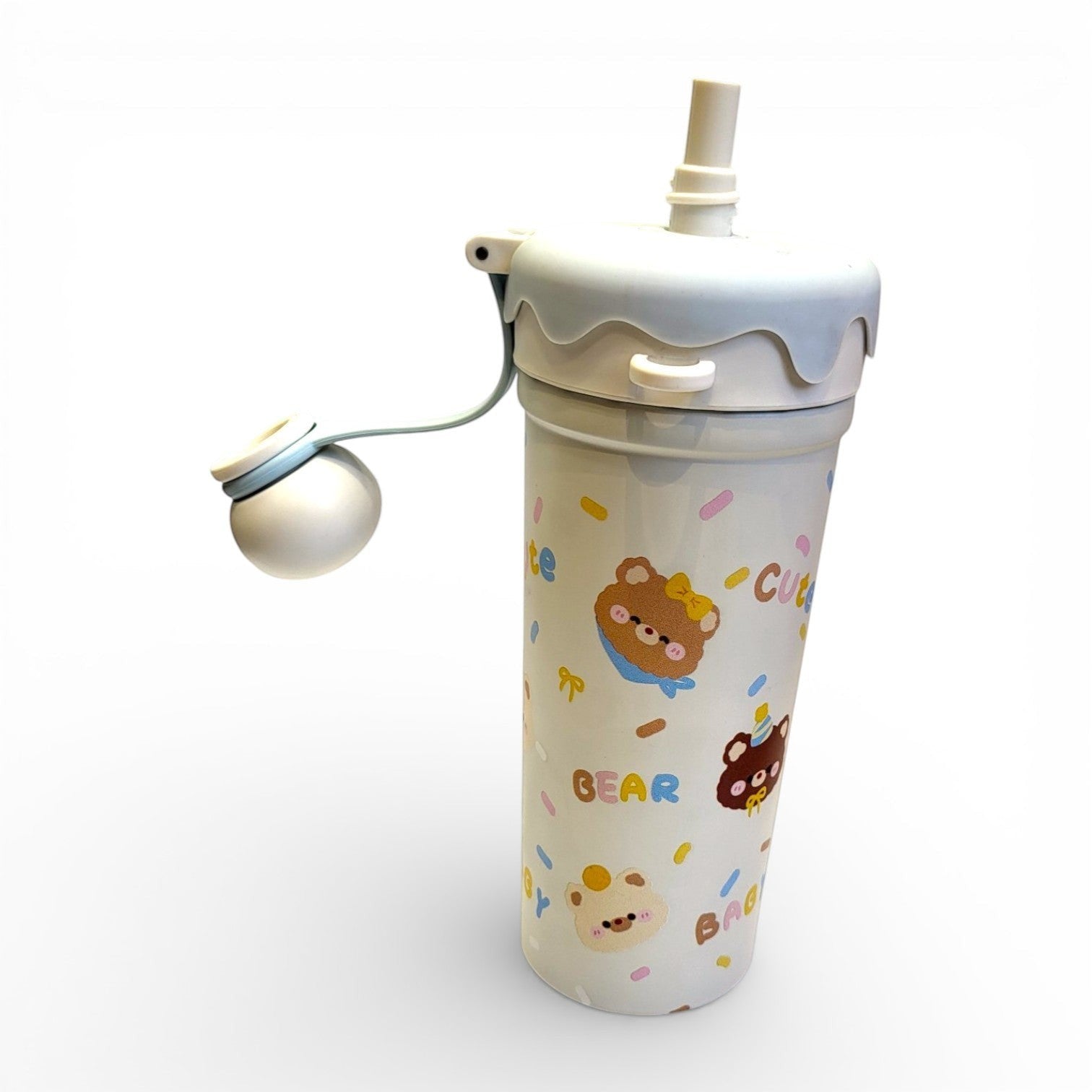 Cute Bear Baby Kids Steel Sipper | Ice Cream Lid, Straw & Carry Loop | School Bottle