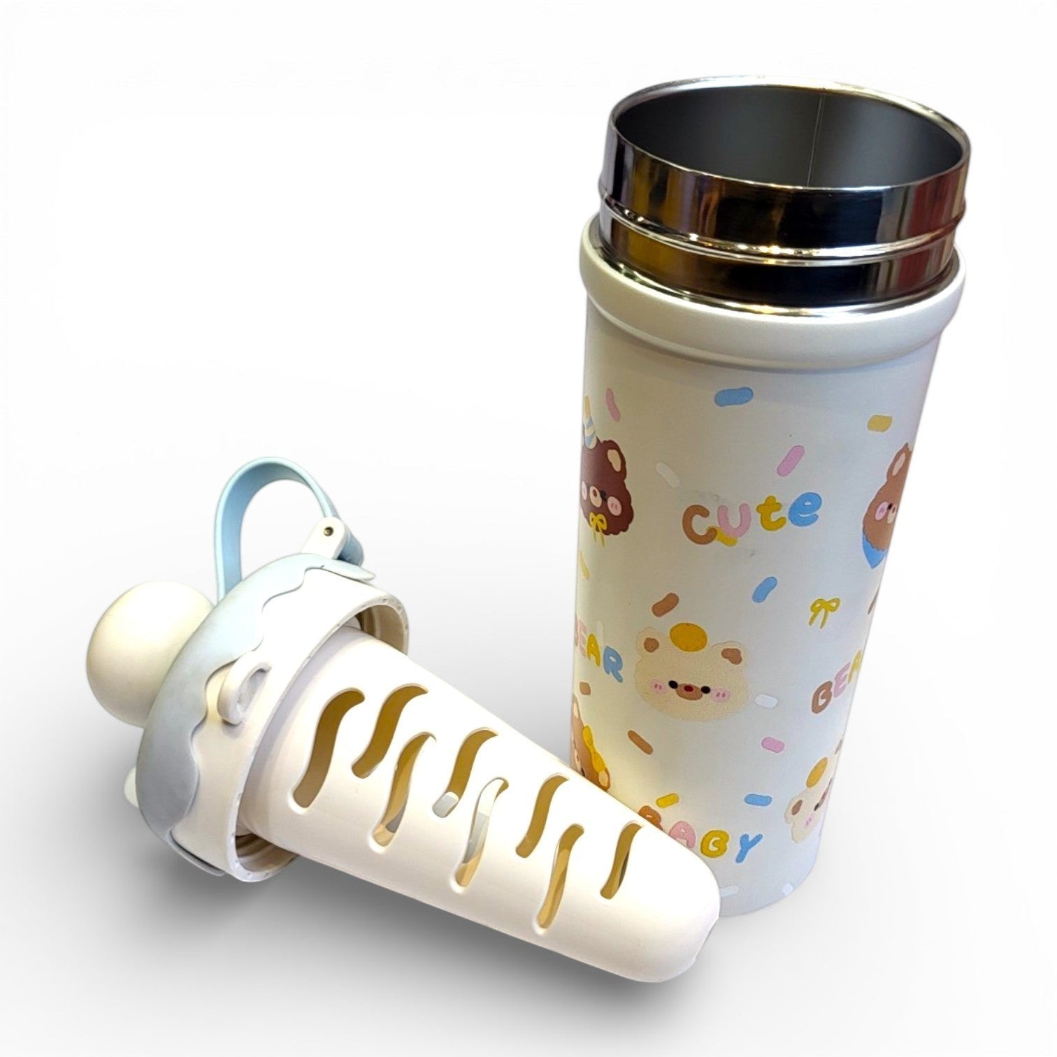 Cute Bear Baby Kids Steel Sipper | Ice Cream Lid, Straw & Carry Loop | School Bottle