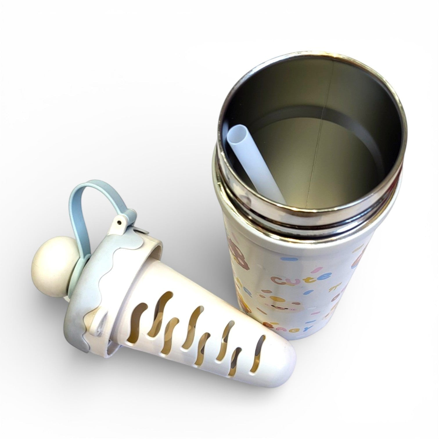 Cute Bear Baby Kids Steel Sipper | Ice Cream Lid, Straw & Carry Loop | School Bottle