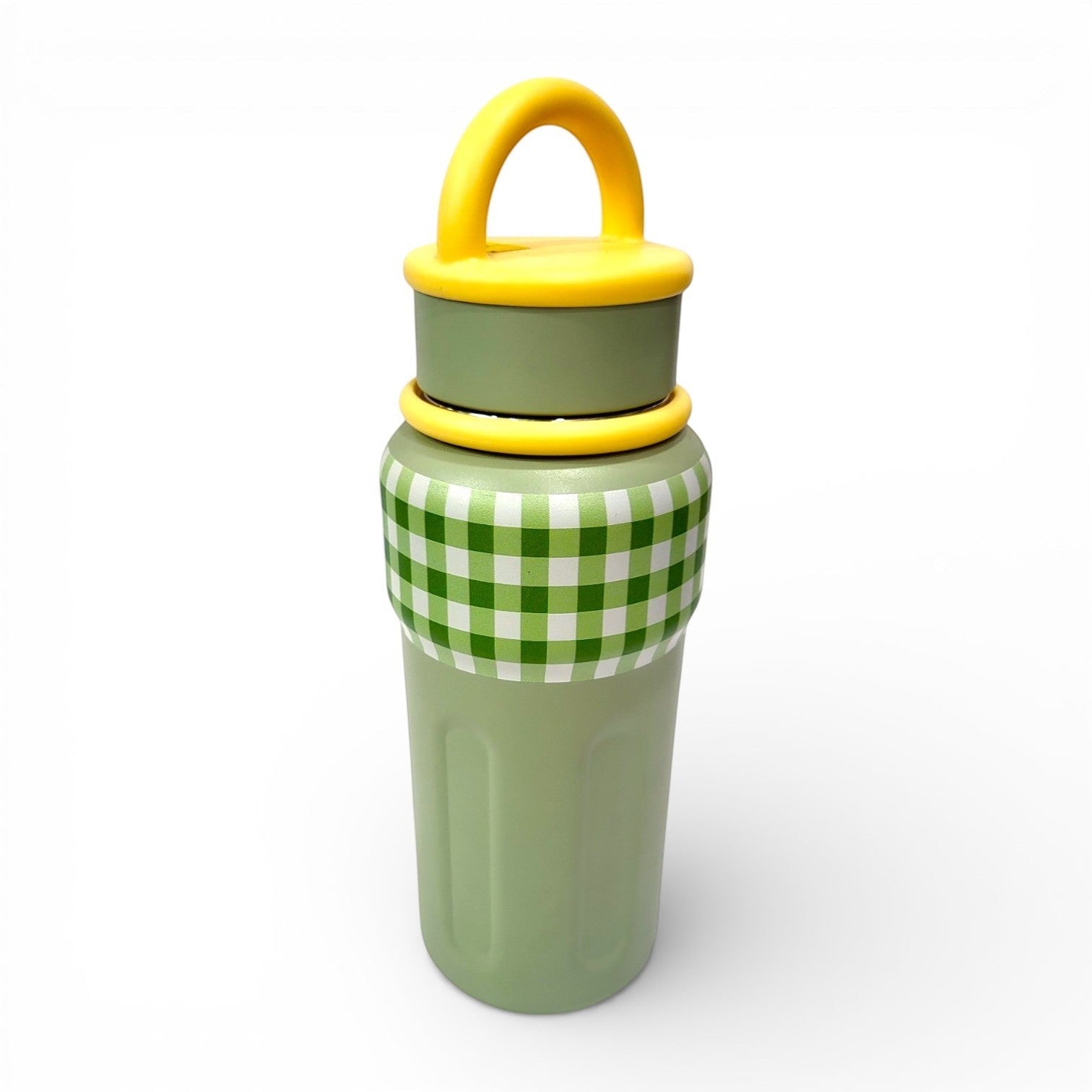 Sage Green Gingham Steel Flask| Yellow Handle | School, Office & Daily Use