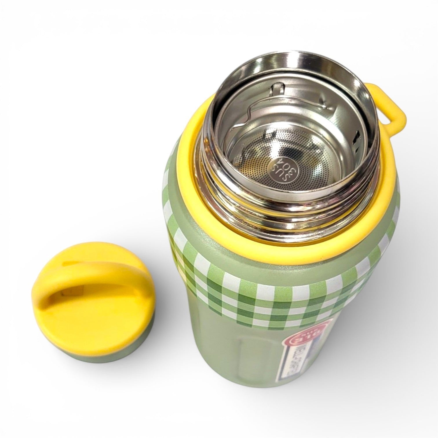 Sage Green Gingham Steel Flask| Yellow Handle | School, Office & Daily Use