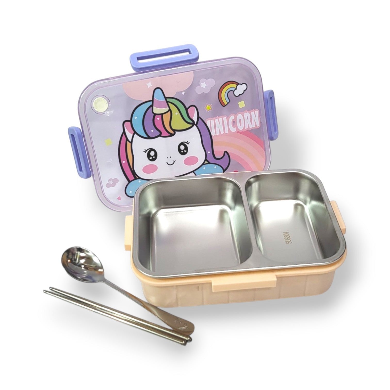 Unicorn Kids Steel Lunch Box | 2-Compartment with Spoon & Chopsticks | School Tiffin