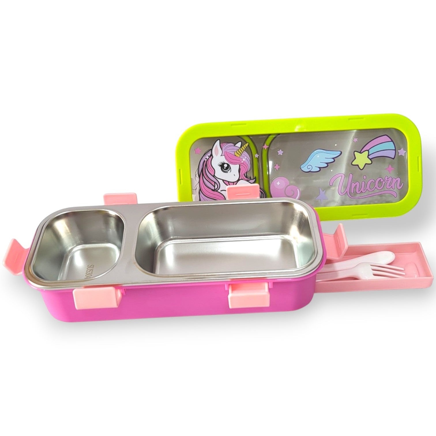Unicorn Kids Steel Tiffin Box | 2-Compartment with Side Cutlery Tray | School Lunch Box Girls boys ( random colors )