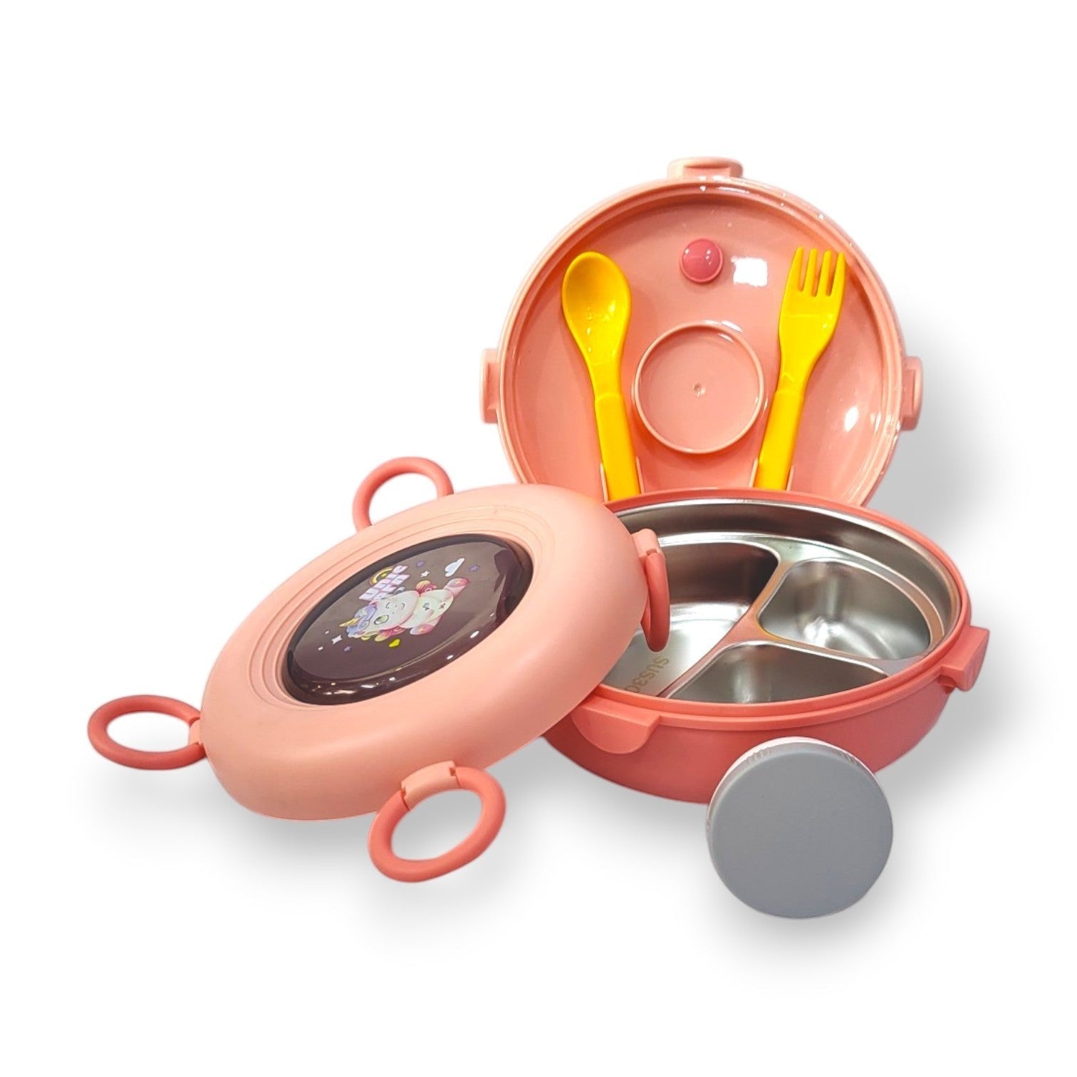 Kids Round Steel Tiffin Box with Spoon & Fork