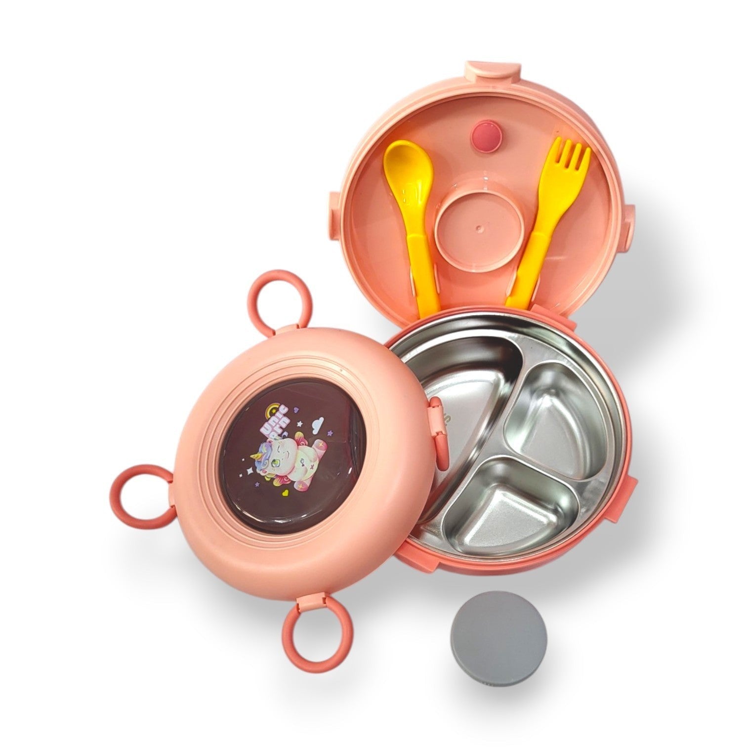 Kids Round Steel Tiffin Box with Spoon & Fork