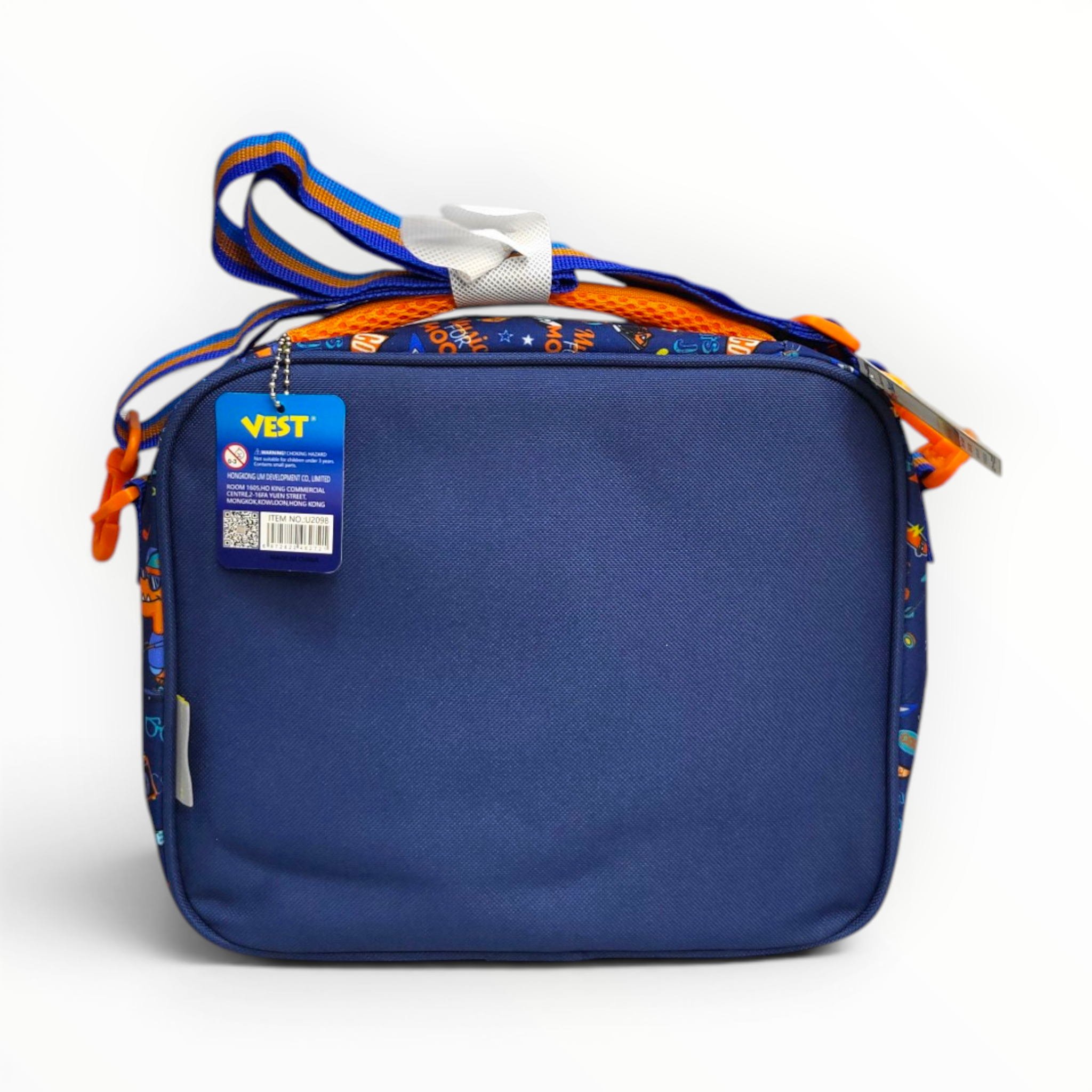 Rear view of the dark blue kids insulated lunch bag showcasing the solid fabric backing and the top carry handle with the adjustable shoulder strap attached.