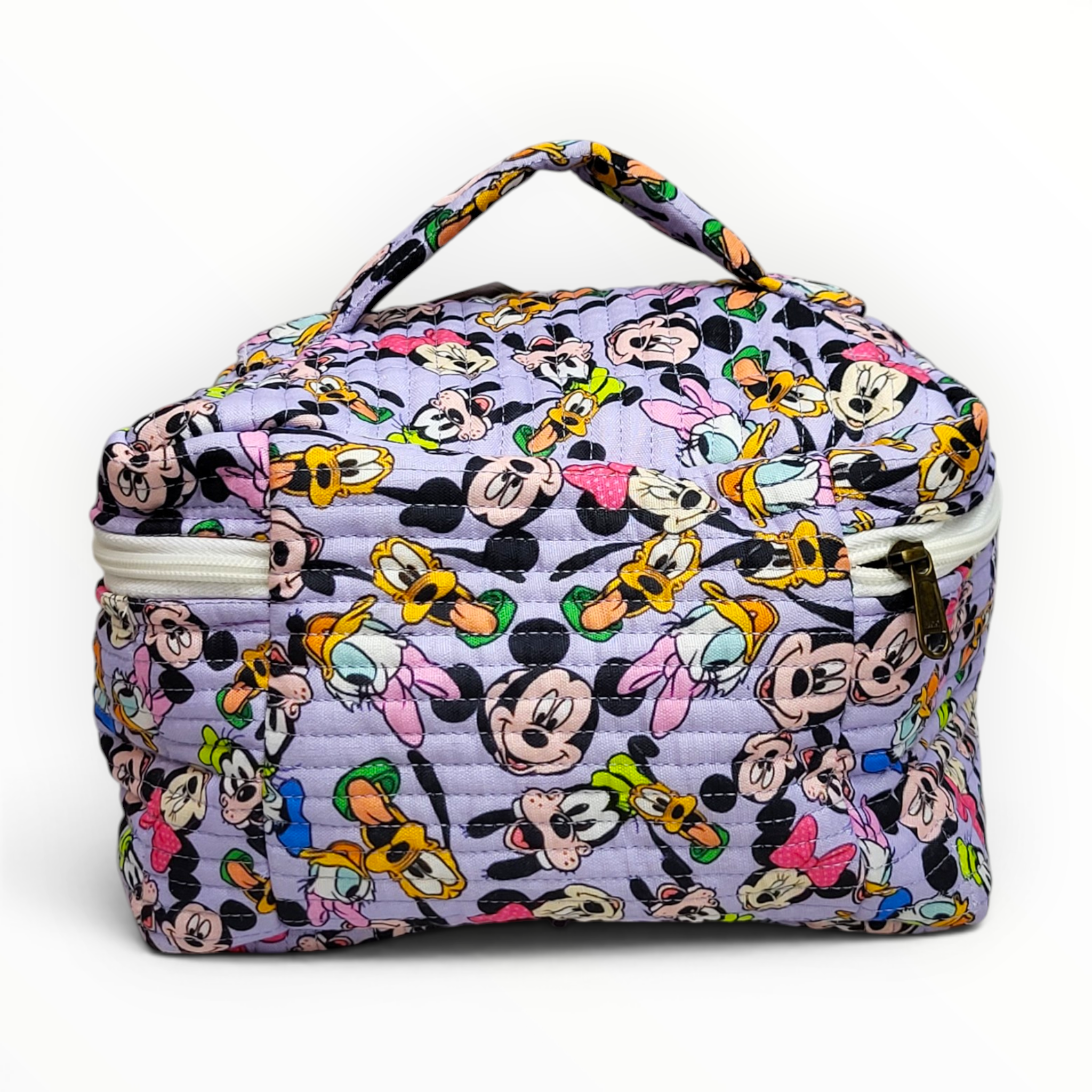 Rear view of the lavender quilted Disney characters case showcasing the wrap-around zipper track and detailed gold-toned zipper pull tab.